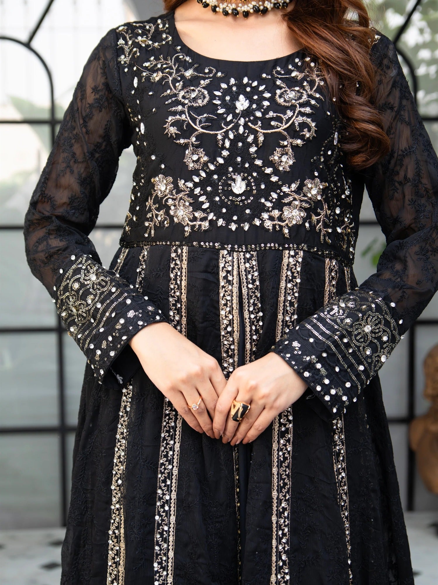 Black Manahil Arts Chiffon Embroidered Stitched 3-Piece Suit-B-007-Black