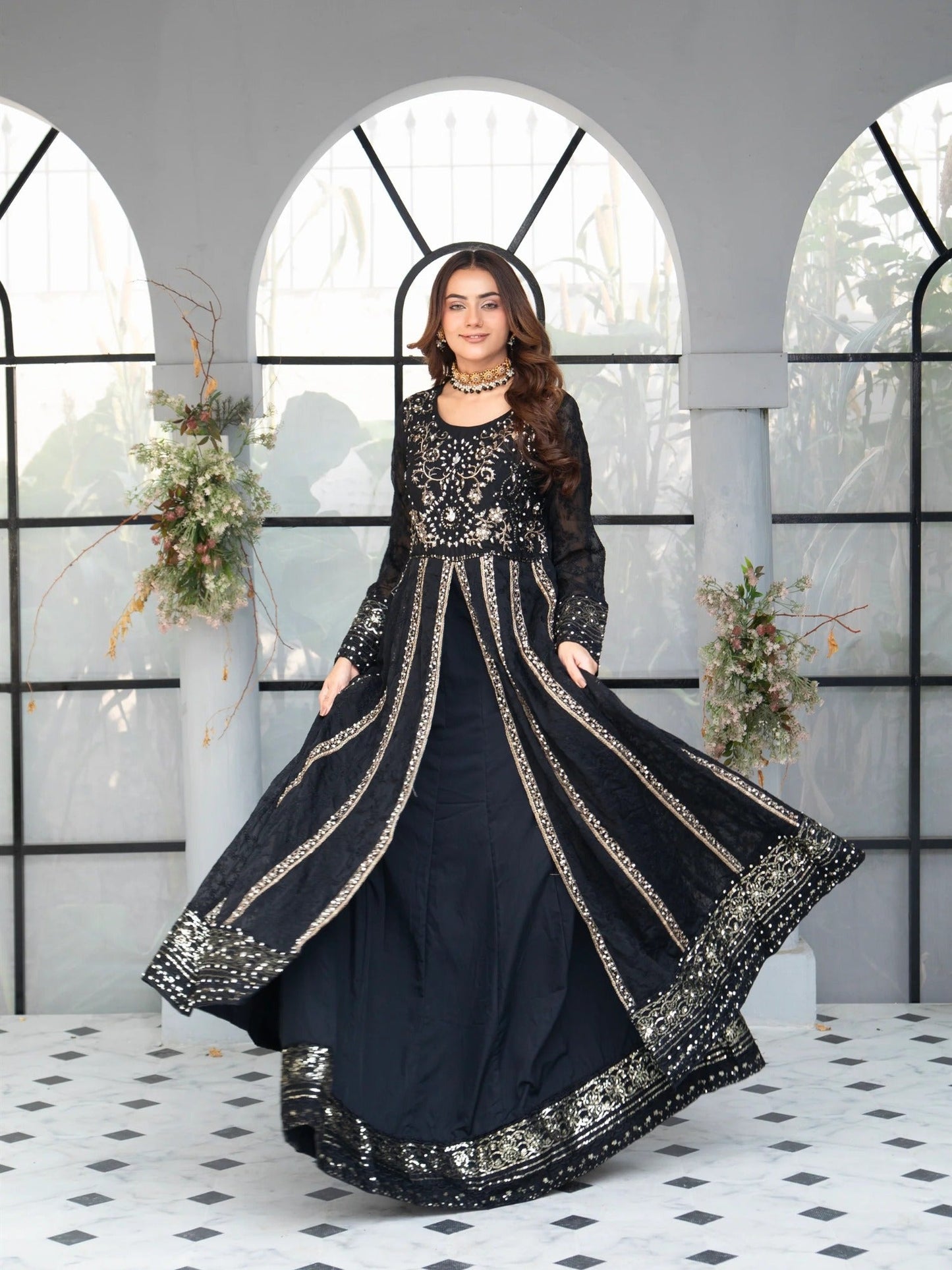 Black Manahil Arts Chiffon Embroidered Stitched 3-Piece Suit-B-007-Black