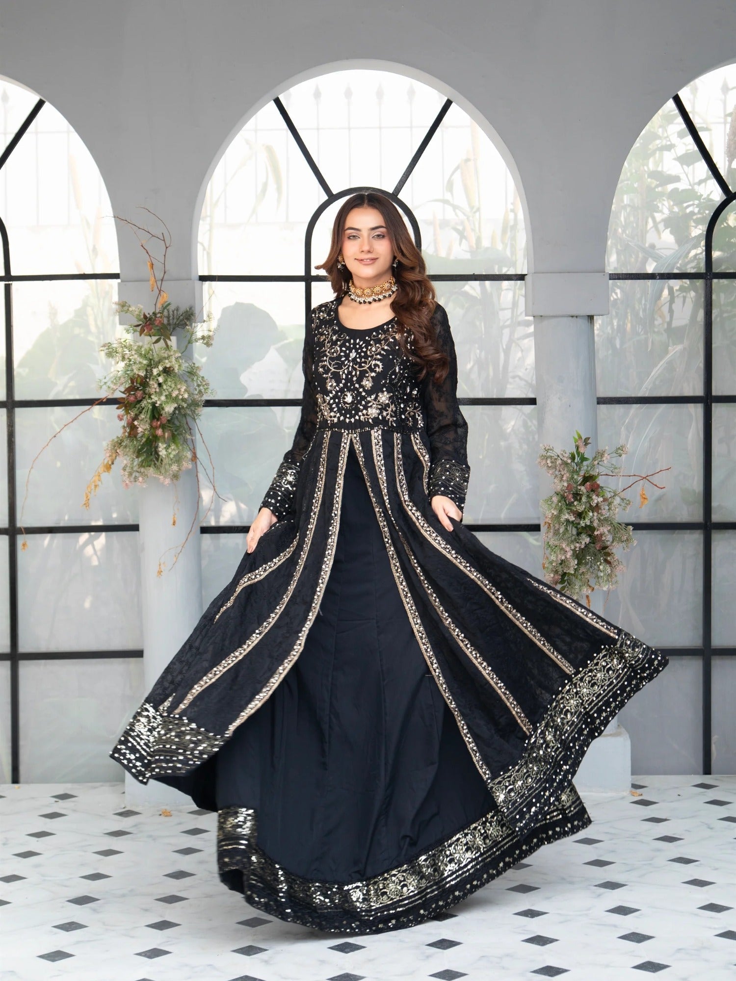 Black Manahil Arts Chiffon Embroidered Stitched 3-Piece Suit-B-007-Black