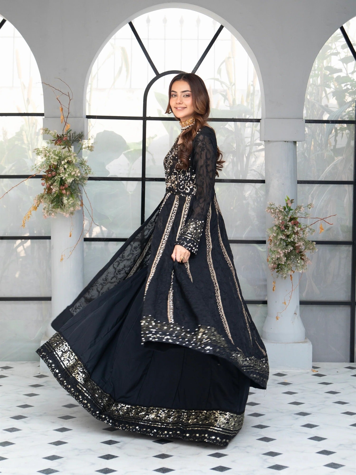 Black Manahil Arts Chiffon Embroidered Stitched 3-Piece Suit-B-007-Black