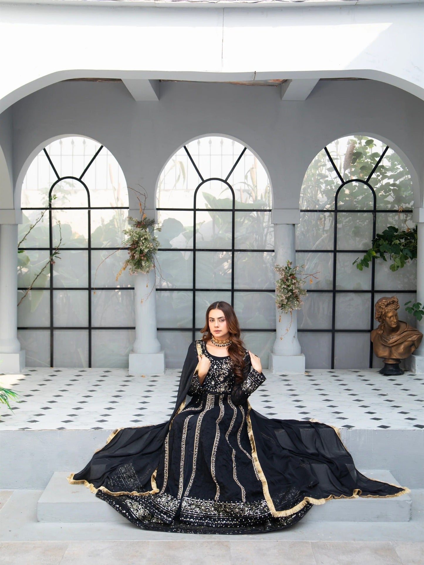Black Manahil Arts Chiffon Embroidered Stitched 3-Piece Suit-B-007-Black