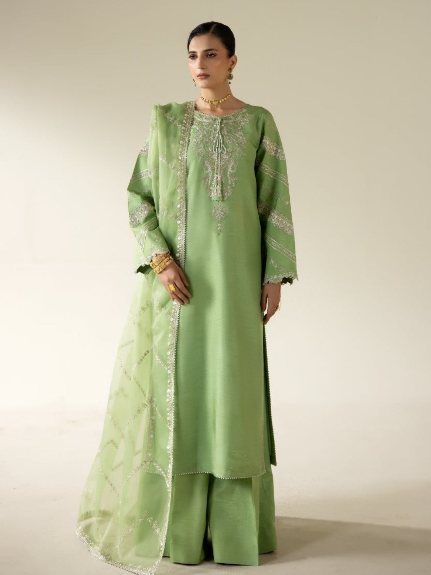 Green Enzo Lune Des Fleurs Korean Raw Silk Embroidered Unstitched 3-Piece Suit-Zyla