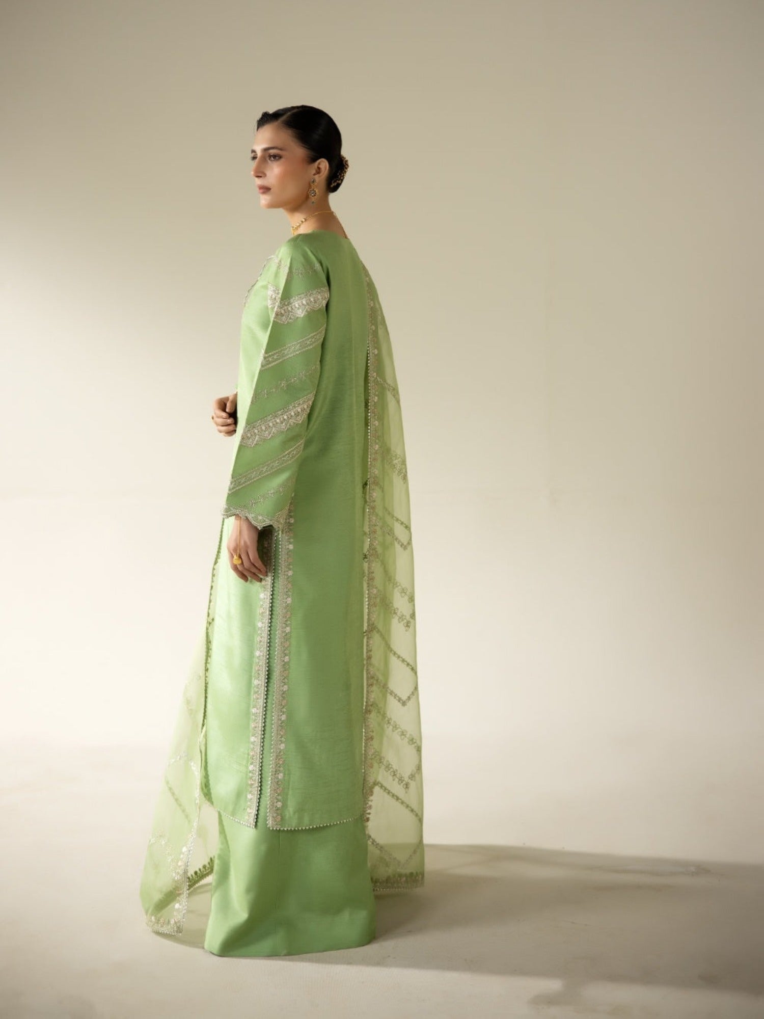 Green Enzo Lune Des Fleurs Korean Raw Silk Embroidered Unstitched 3-Piece Suit-Zyla