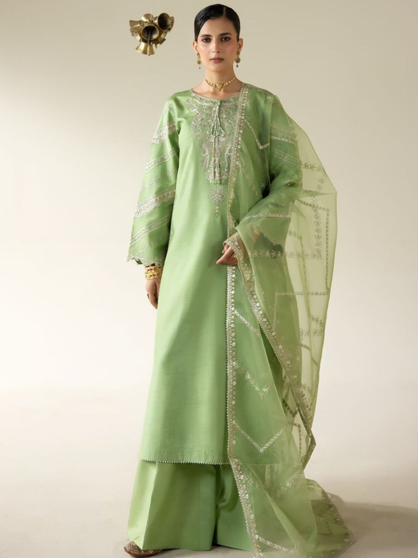 Green Enzo Lune Des Fleurs Korean Raw Silk Embroidered Unstitched 3-Piece Suit-Zyla