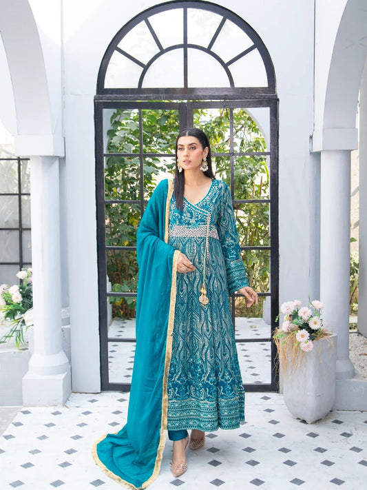 Manahil Arts Chiffon Embroidered Stitched 3-Piece Suit-Kurti 105-Teal