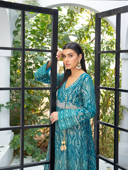 Manahil Arts Chiffon Embroidered Stitched 3-Piece Suit-Kurti 105-Teal