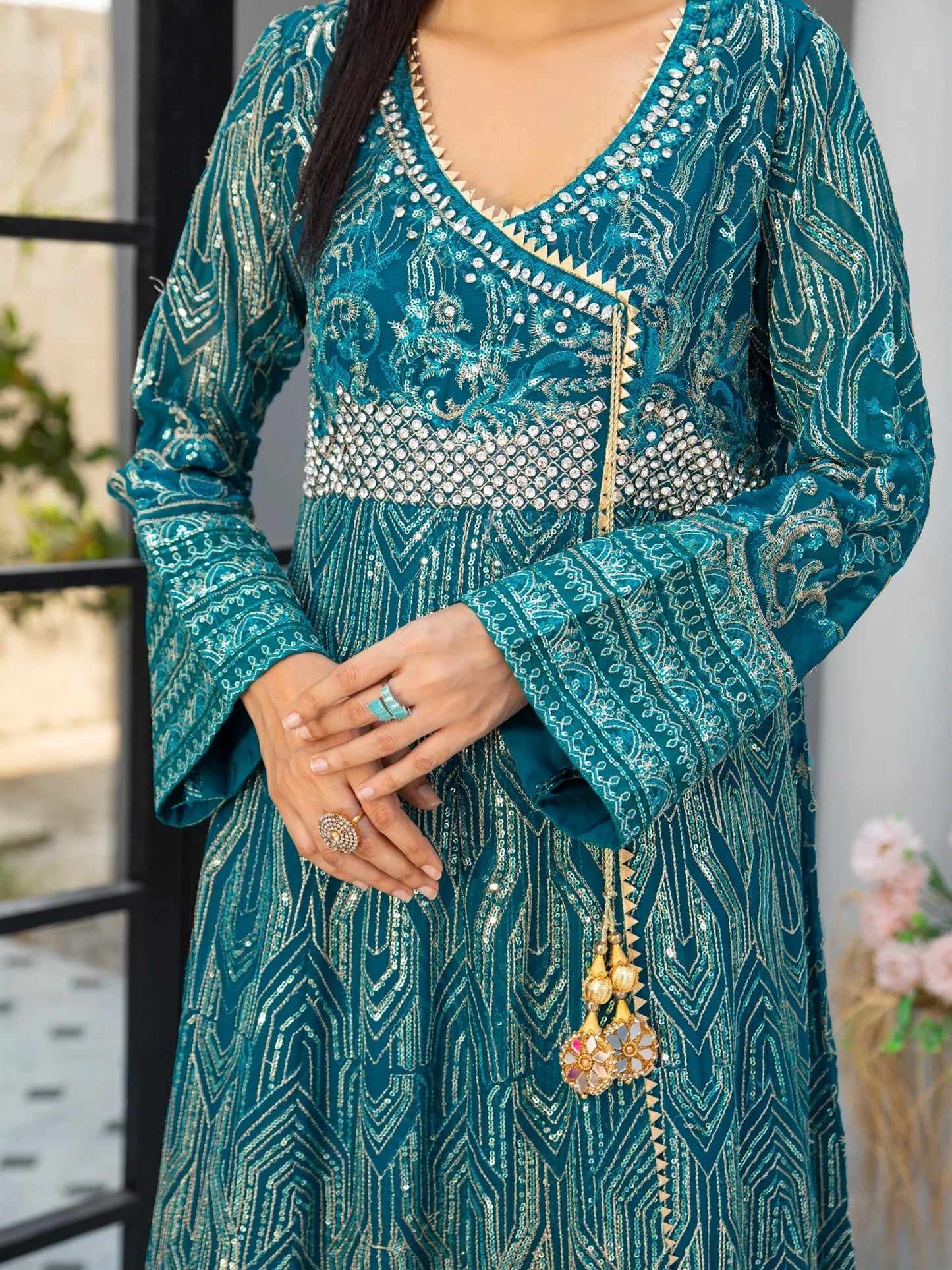 Manahil Arts Chiffon Embroidered Stitched 3-Piece Suit-Kurti 105-Teal