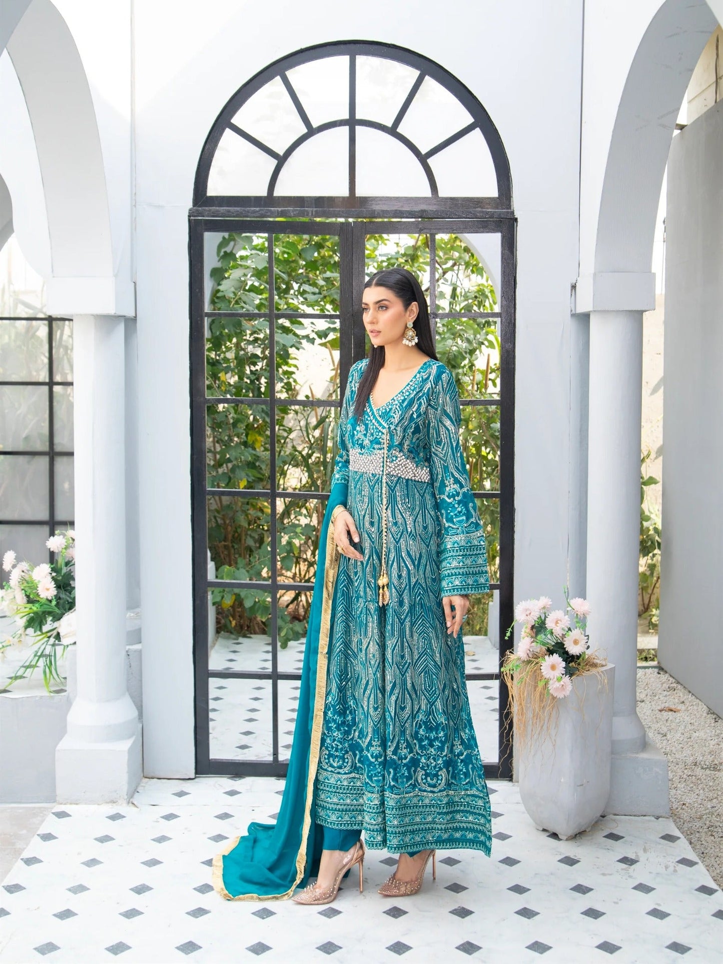 Manahil Arts Chiffon Embroidered Stitched 3-Piece Suit-Kurti 105-Teal