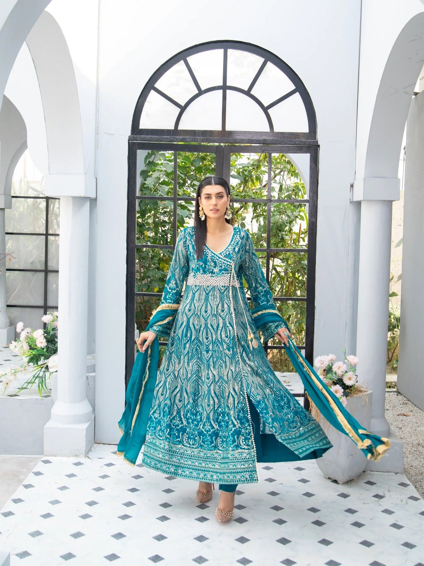 Manahil Arts Chiffon Embroidered Stitched 3-Piece Suit-Kurti 105-Teal