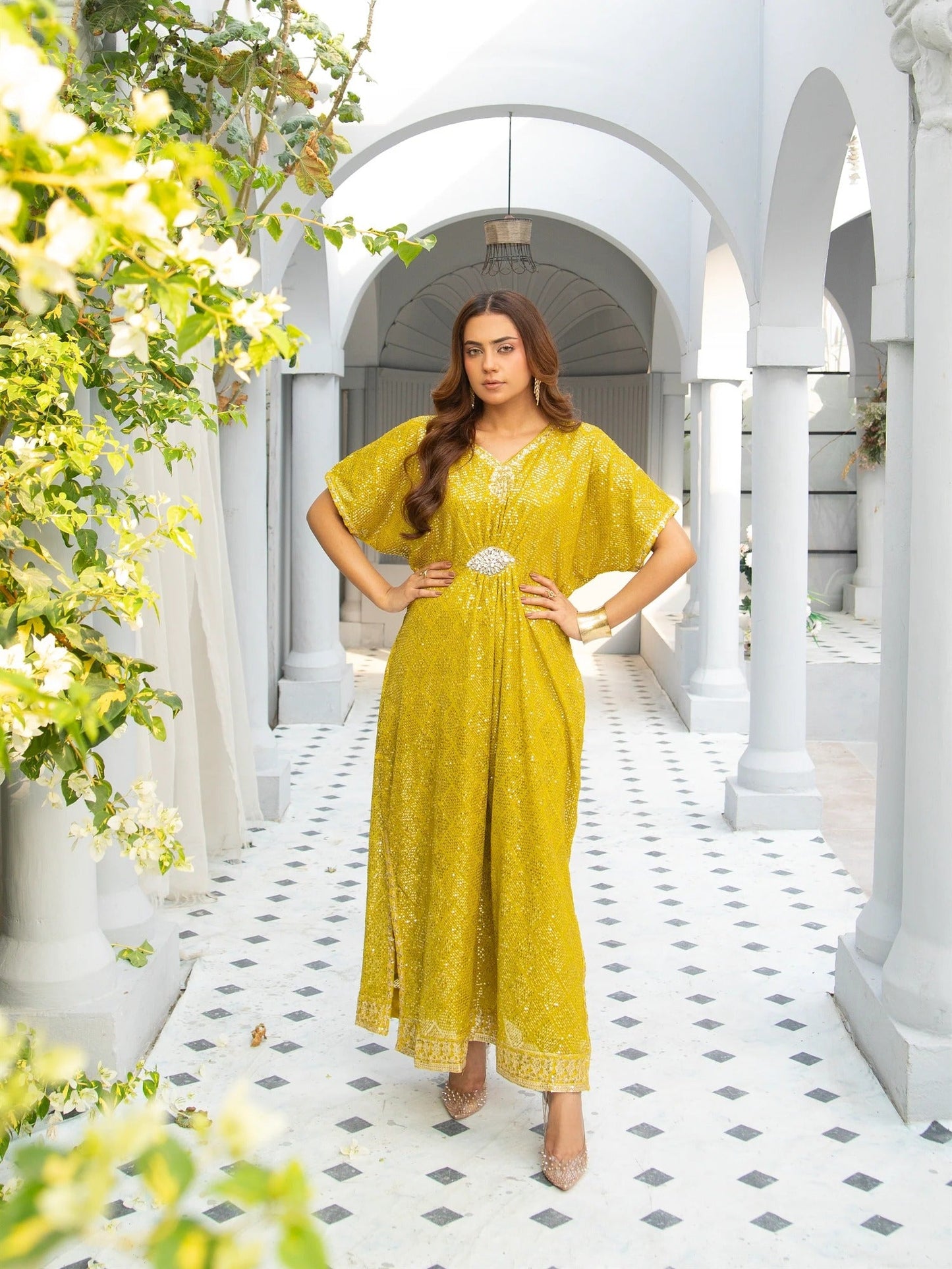 Manahil Arts Chiffon Embroidered Kaftan Set-WA 03-Mustard