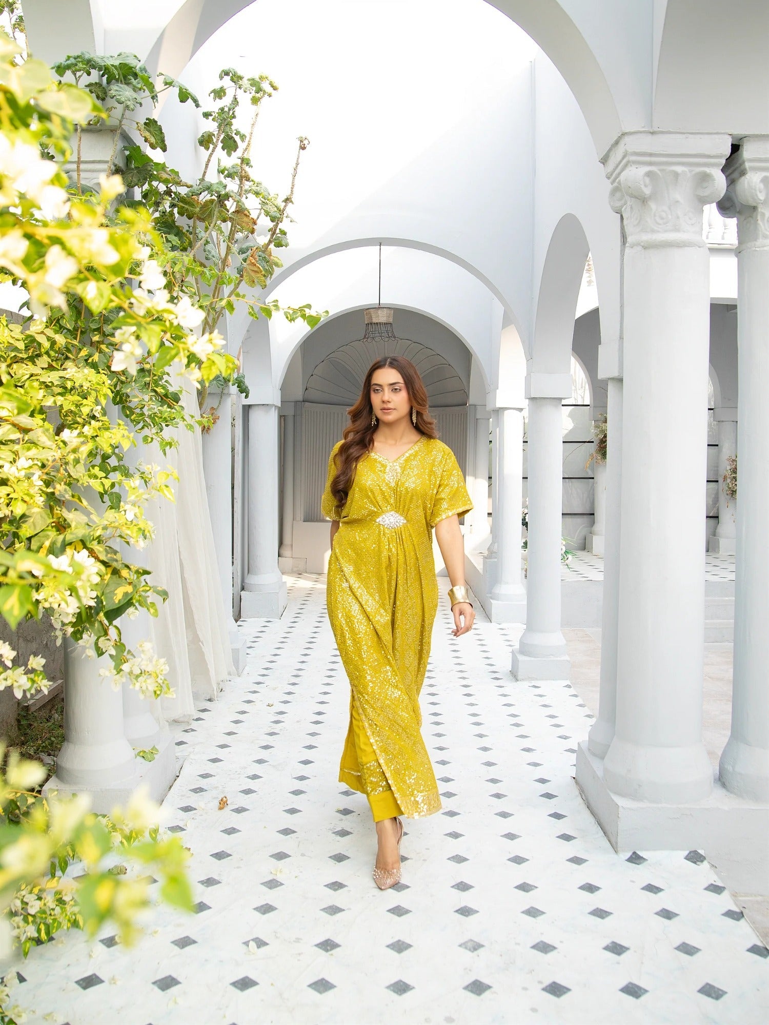 Manahil Arts Chiffon Embroidered Kaftan Set-WA 03-Mustard