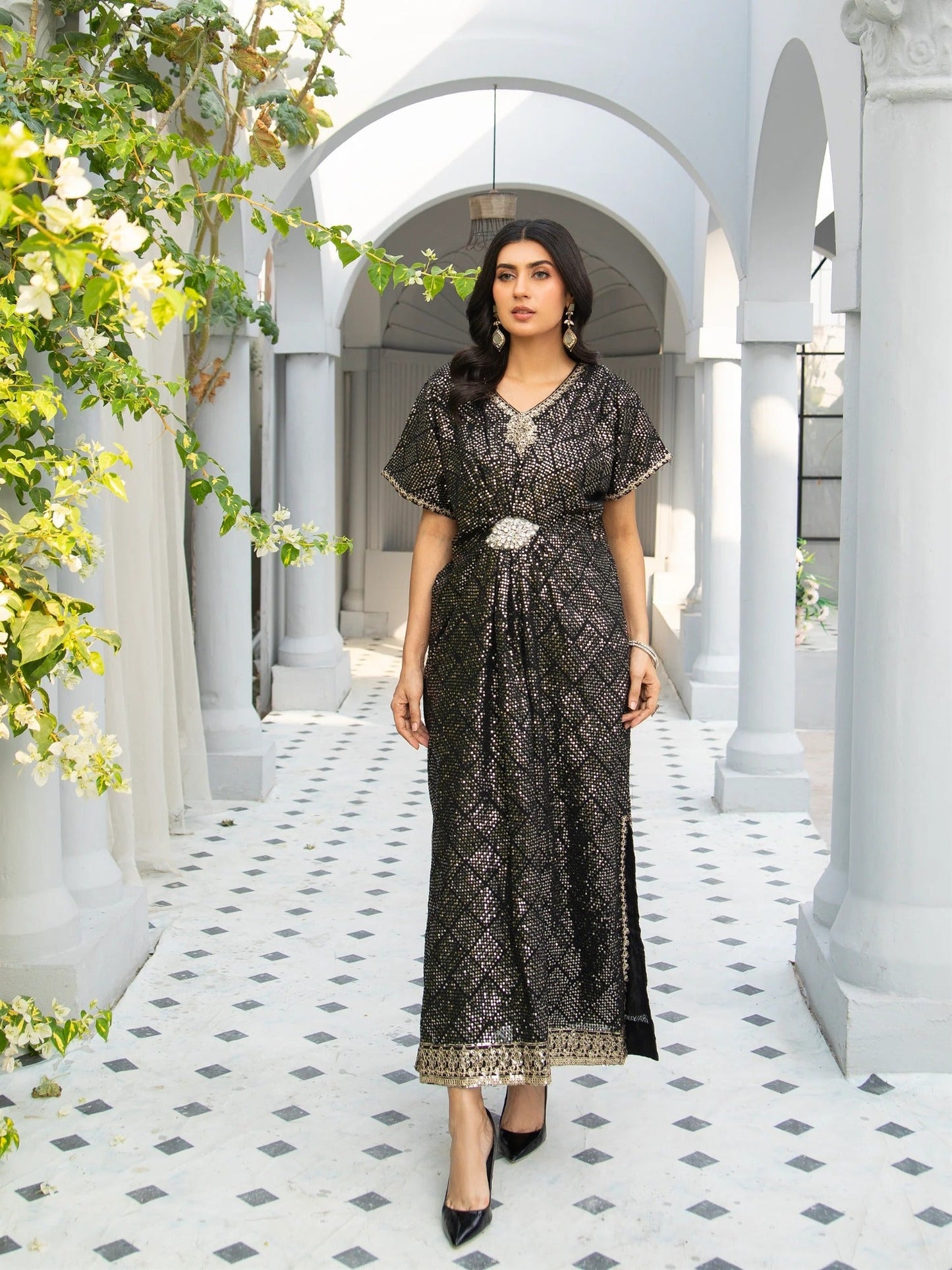 Black Manahil Arts Chiffon Embroidered Kaftan Set-WA 03-Black