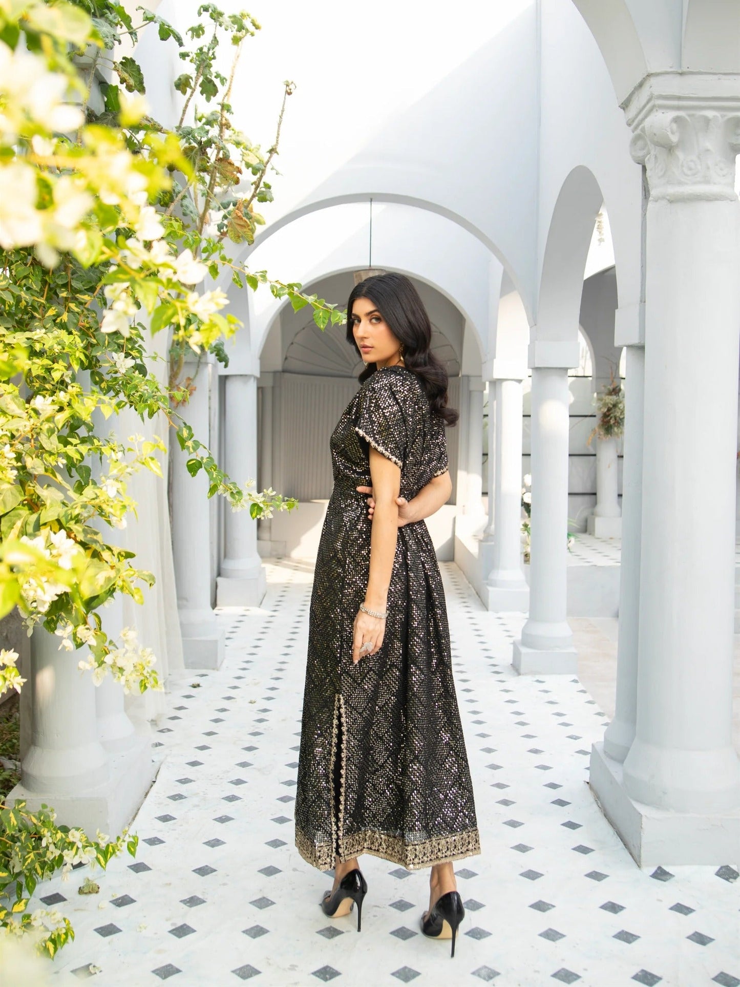 Black Manahil Arts Chiffon Embroidered Kaftan Set-WA 03-Black