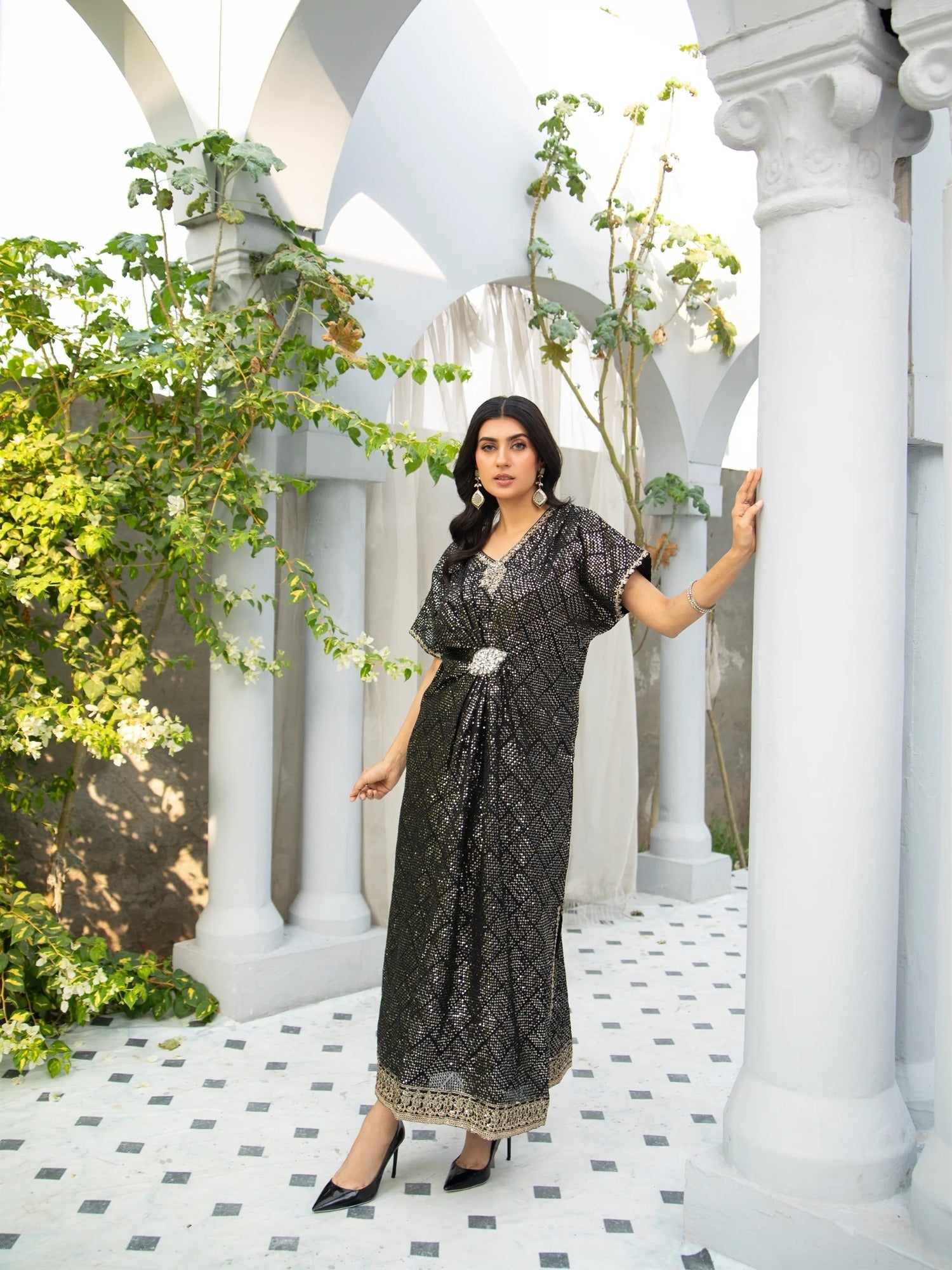 Black Manahil Arts Chiffon Embroidered Kaftan Set-WA 03-Black