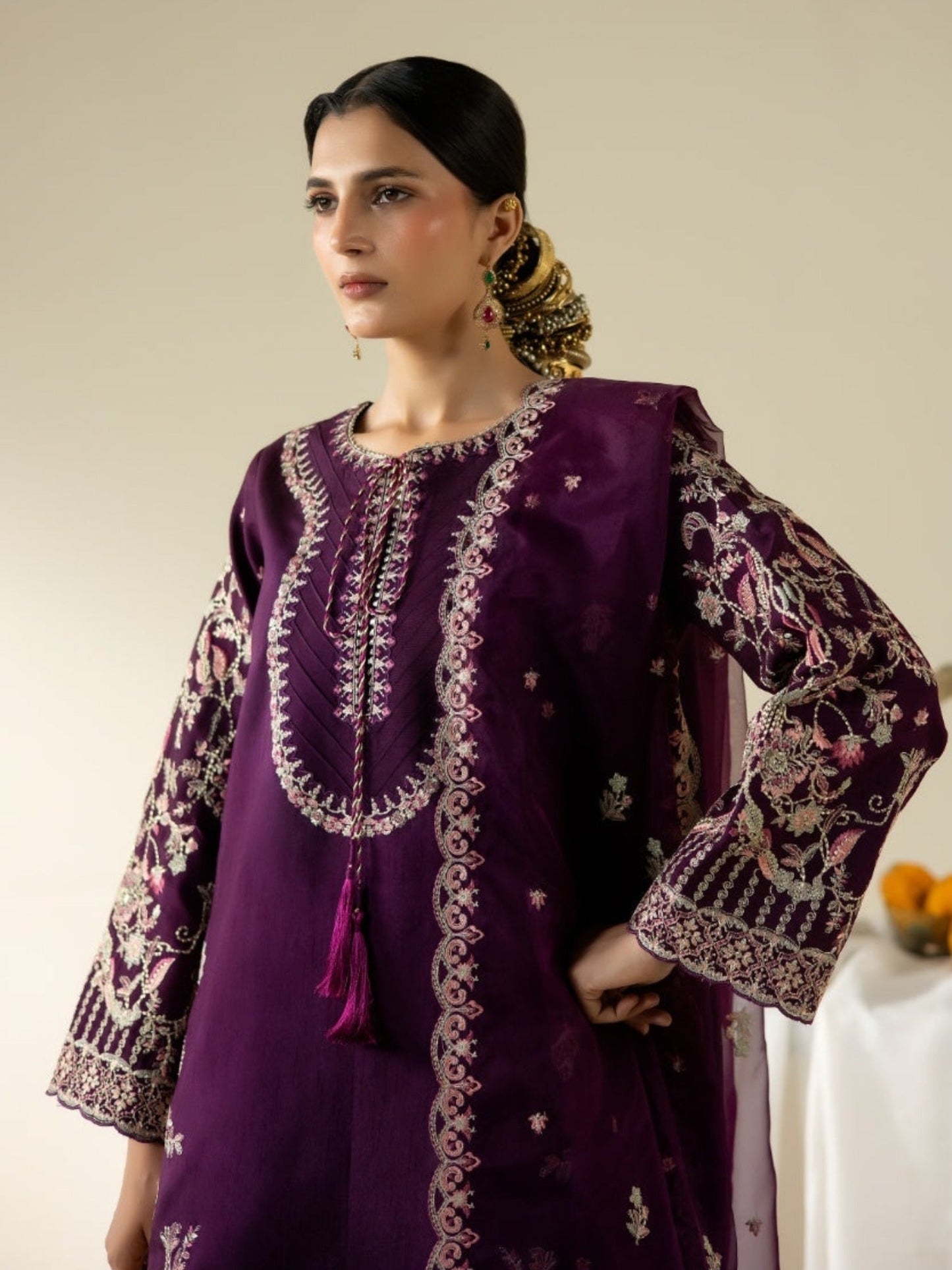 Purple Enzo Lune Des Fleurs Korean Raw Silk Embroidered Stitched 3-Piece Suit-Arela