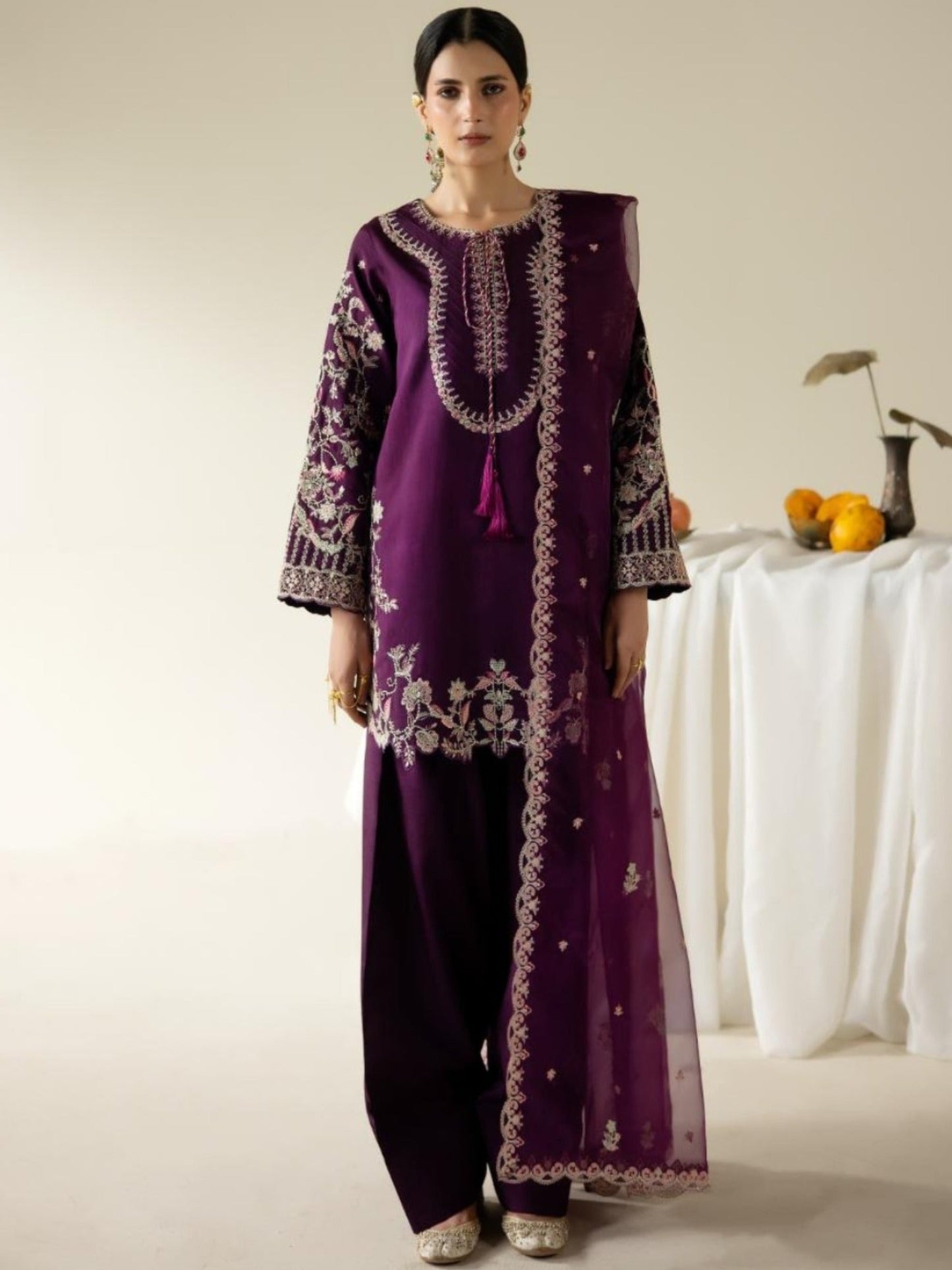 Purple Enzo Lune Des Fleurs Korean Raw Silk Embroidered Stitched 3-Piece Suit-Arela