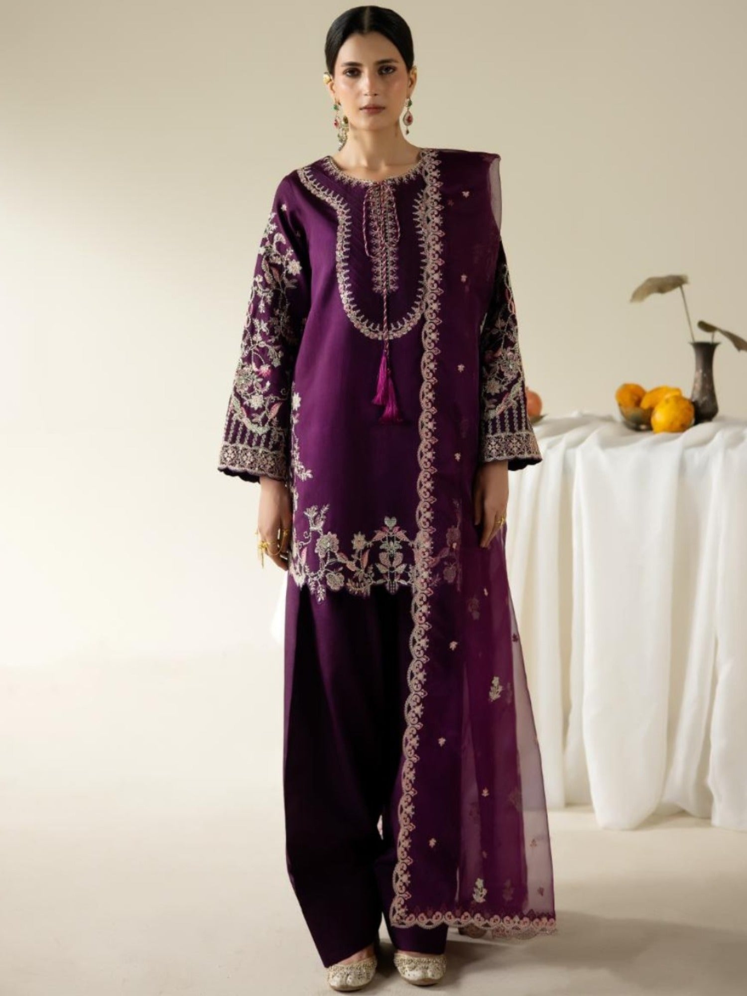 Purple Enzo Lune Des Fleurs Korean Raw Silk Embroidered Stitched 3-Piece Suit-Arela