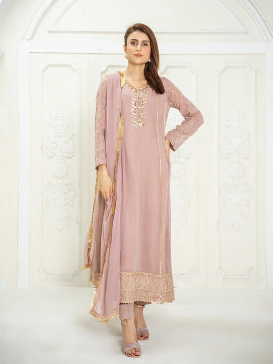 Lilac Manahil Arts Chiffon Embroidered Stitched 3-Piece Suit-Kurti 123-Lilac