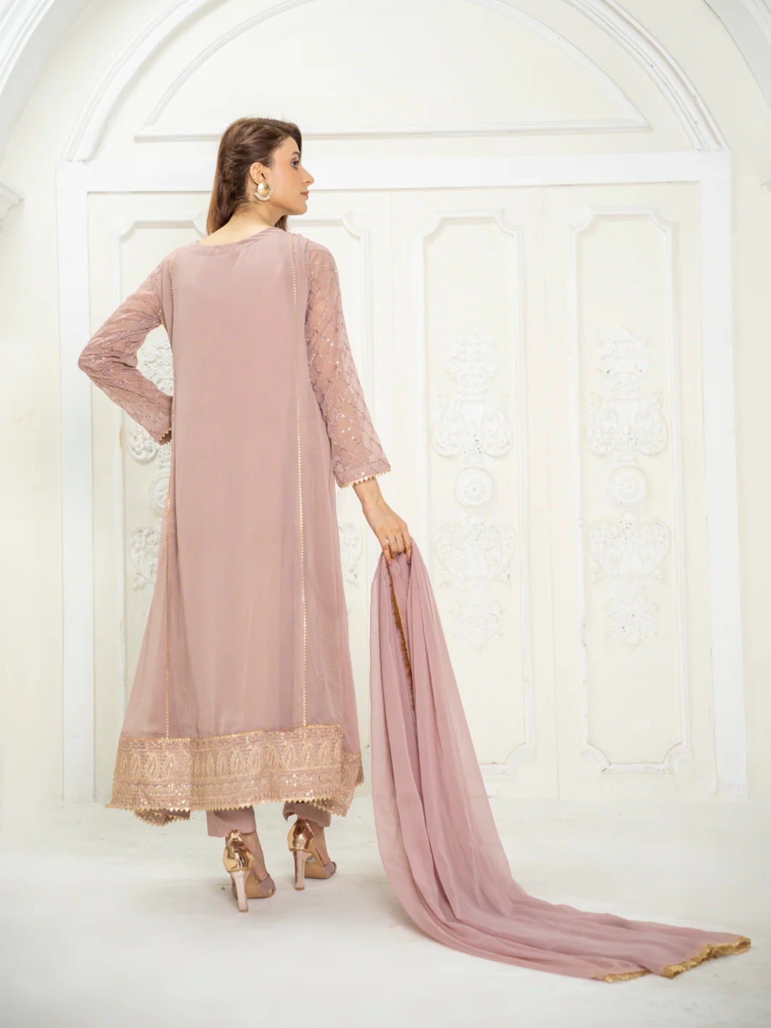 Lilac Manahil Arts Chiffon Embroidered Stitched 3-Piece Suit-Kurti 123-Lilac