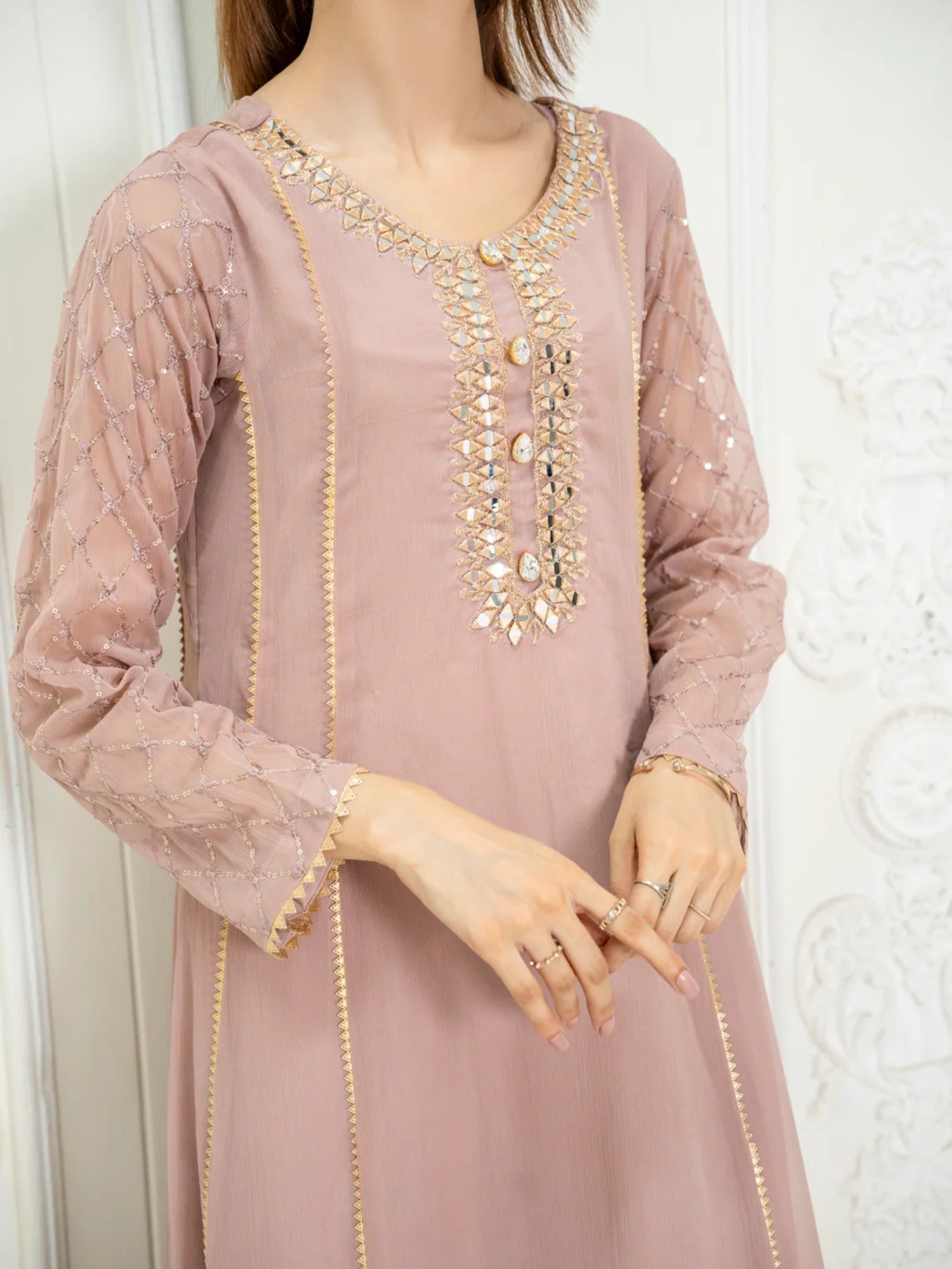 Lilac Manahil Arts Chiffon Embroidered Stitched 3-Piece Suit-Kurti 123-Lilac