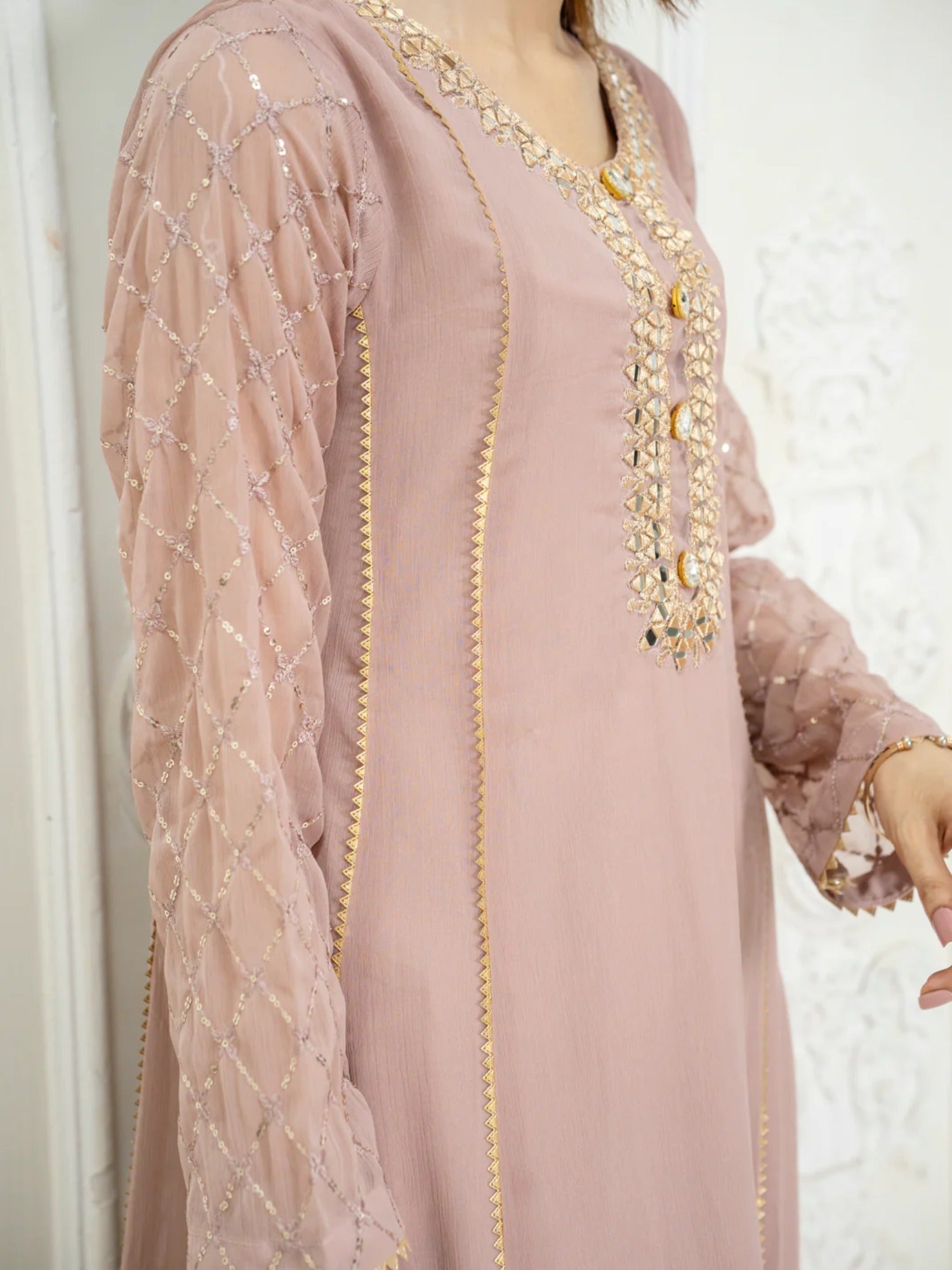 Lilac Manahil Arts Chiffon Embroidered Stitched 3-Piece Suit-Kurti 123-Lilac