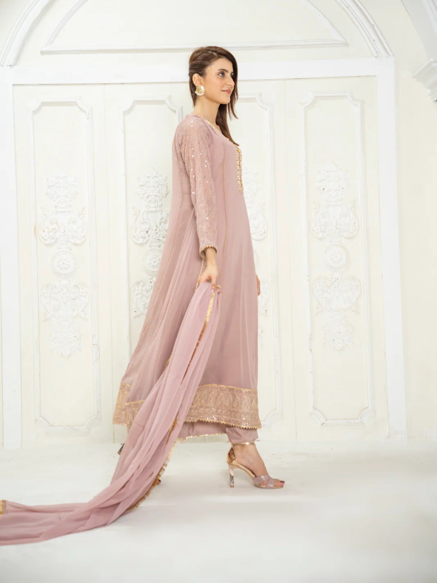 Lilac Manahil Arts Chiffon Embroidered Stitched 3-Piece Suit-Kurti 123-Lilac