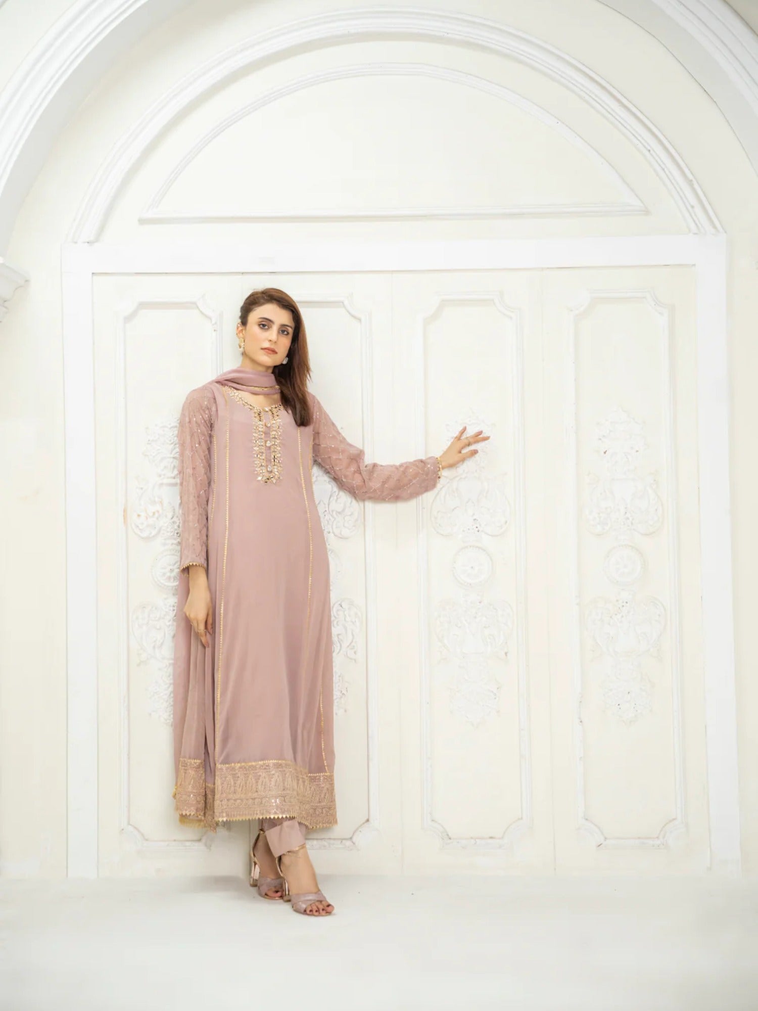 Lilac Manahil Arts Chiffon Embroidered Stitched 3-Piece Suit-Kurti 123-Lilac