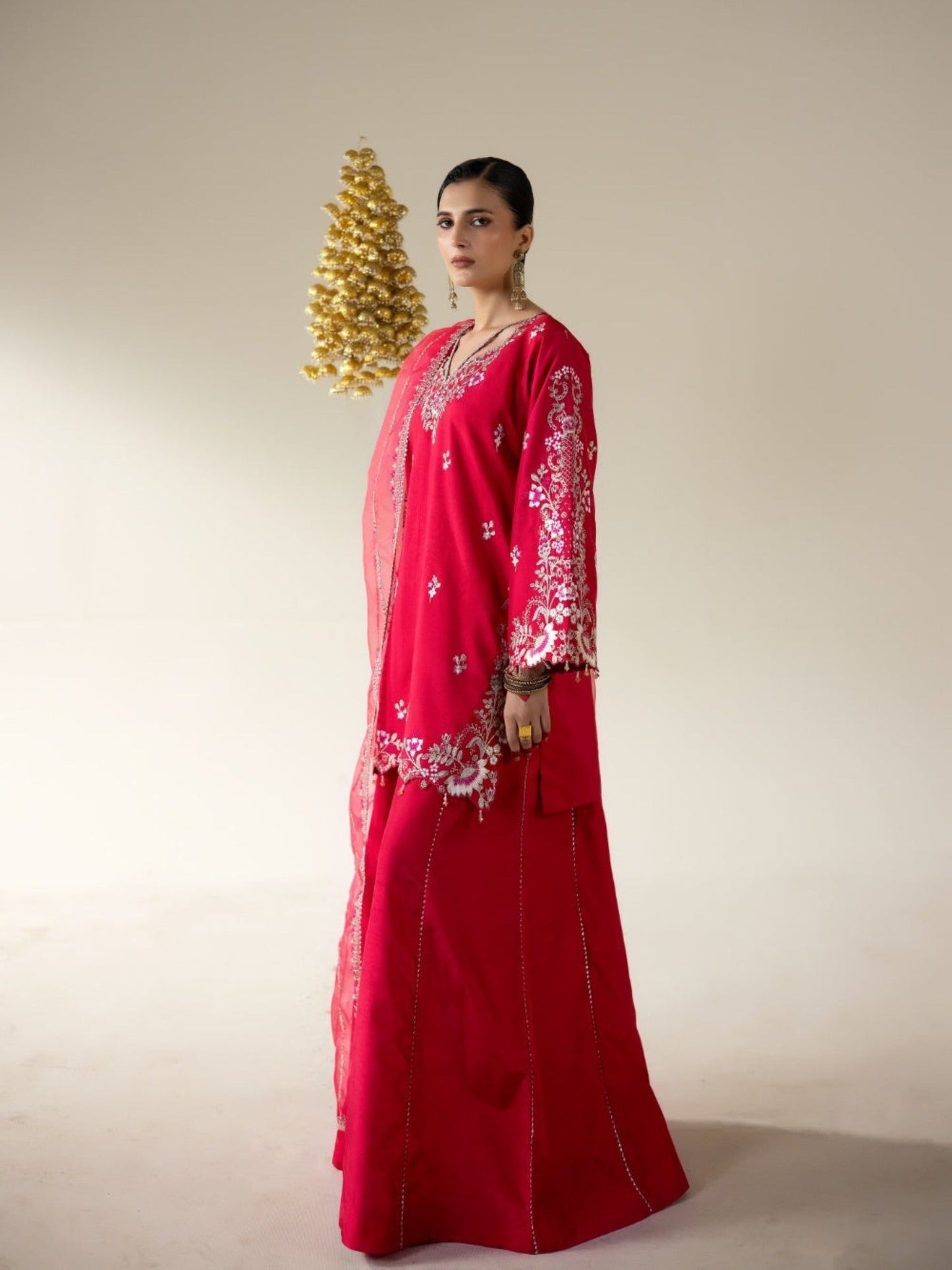 Pink Enzo Lune Des Fleurs Korean Raw Silk Embroidered Unstitched 3-Piece Suit-Merlot