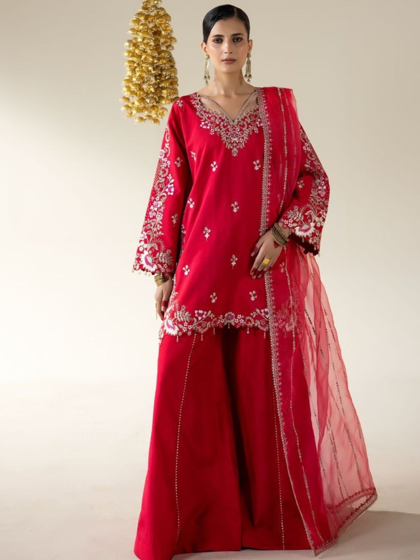 Pink Enzo Lune Des Fleurs Korean Raw Silk Embroidered Unstitched 3-Piece Suit-Merlot
