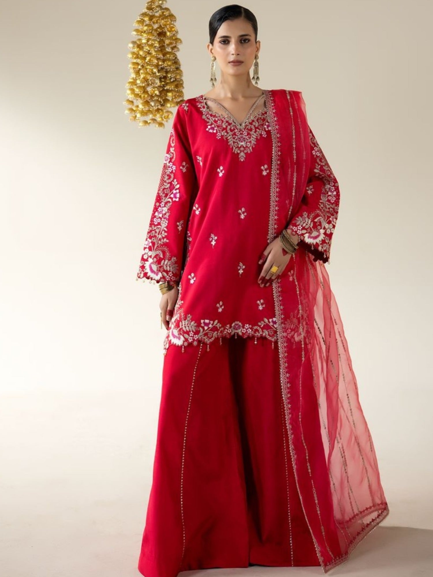 Pink Enzo Lune Des Fleurs Korean Raw Silk Embroidered Unstitched 3-Piece Suit-Merlot