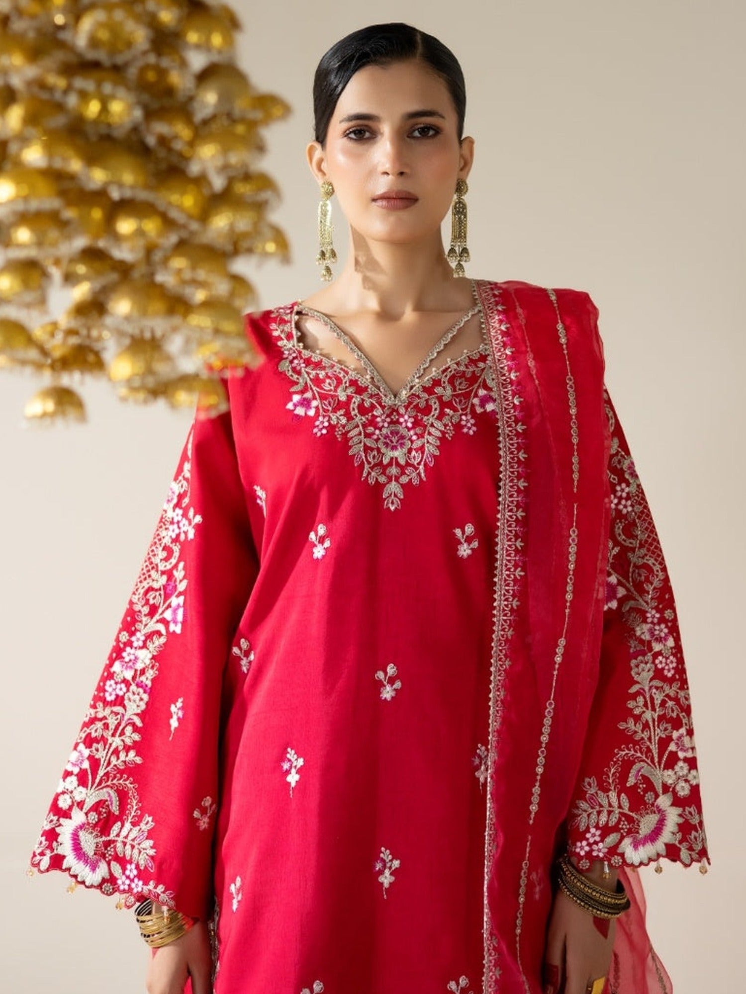 Pink Enzo Lune Des Fleurs Korean Raw Silk Embroidered Unstitched 3-Piece Suit-Merlot