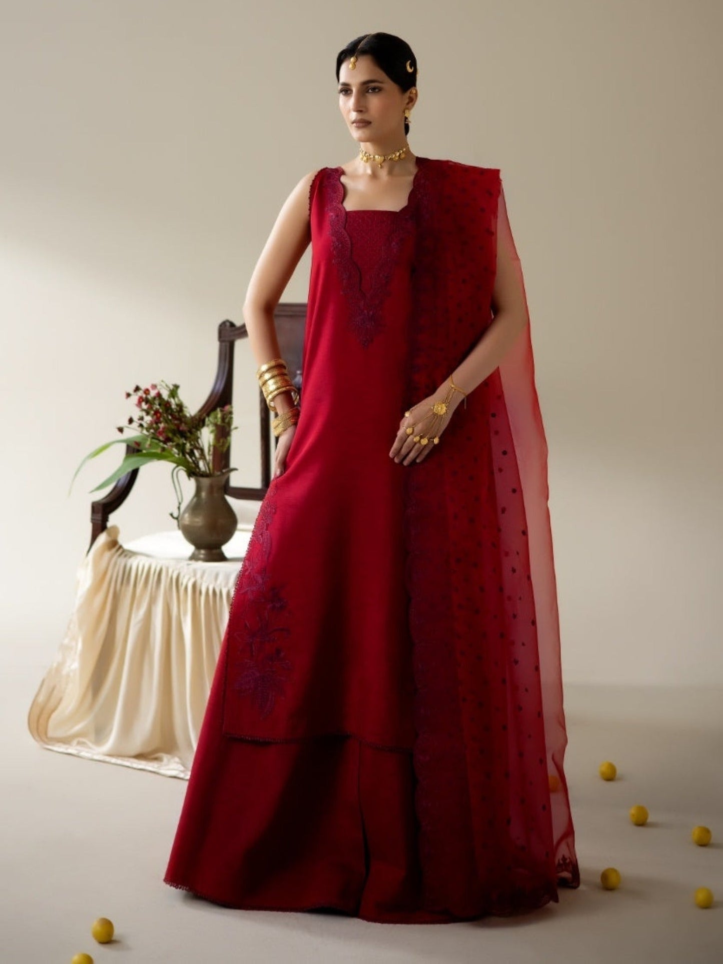 Maroon Enzo Lune Des Fleurs Korean Raw Silk Embroidered Unstitched 3-Piece Suit-Ines