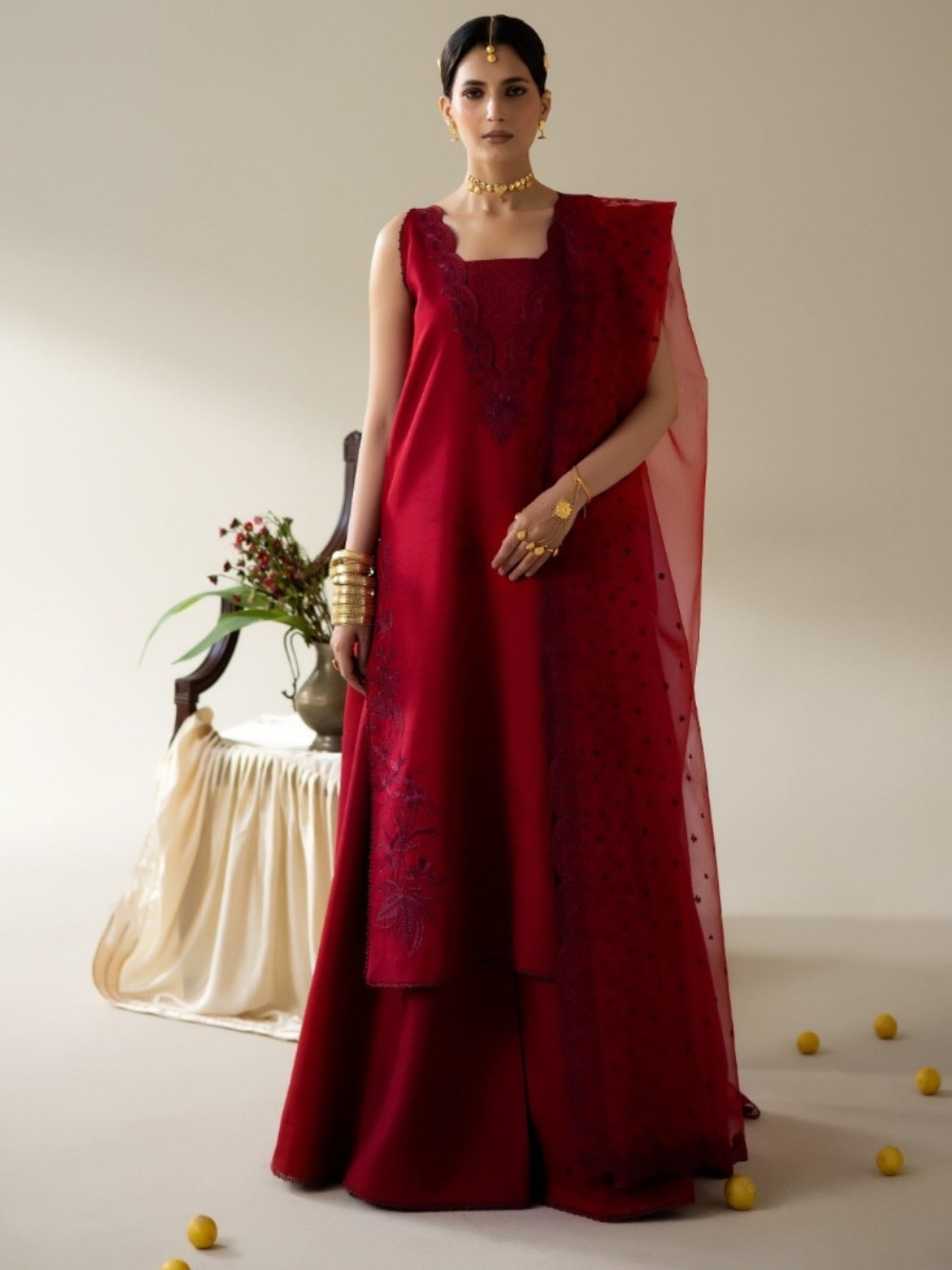 Maroon Enzo Lune Des Fleurs Korean Raw Silk Embroidered Unstitched 3-Piece Suit-Ines