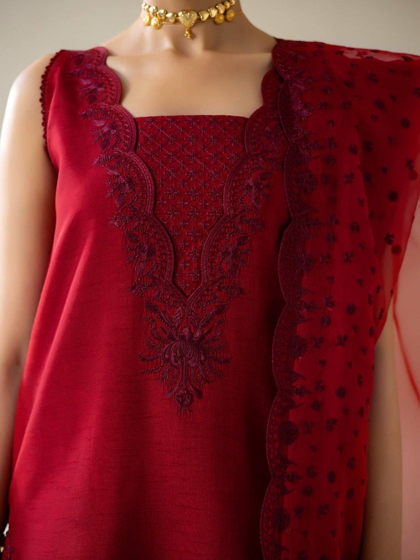Maroon Enzo Lune Des Fleurs Korean Raw Silk Embroidered Unstitched 3-Piece Suit-Ines