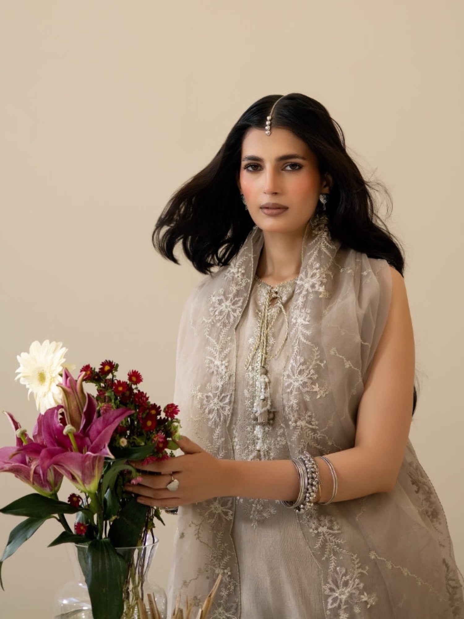 Beige Enzo Lune Des Fleurs Korean Raw Silk Embroidered Unstitched 3-Piece Suit-Izel