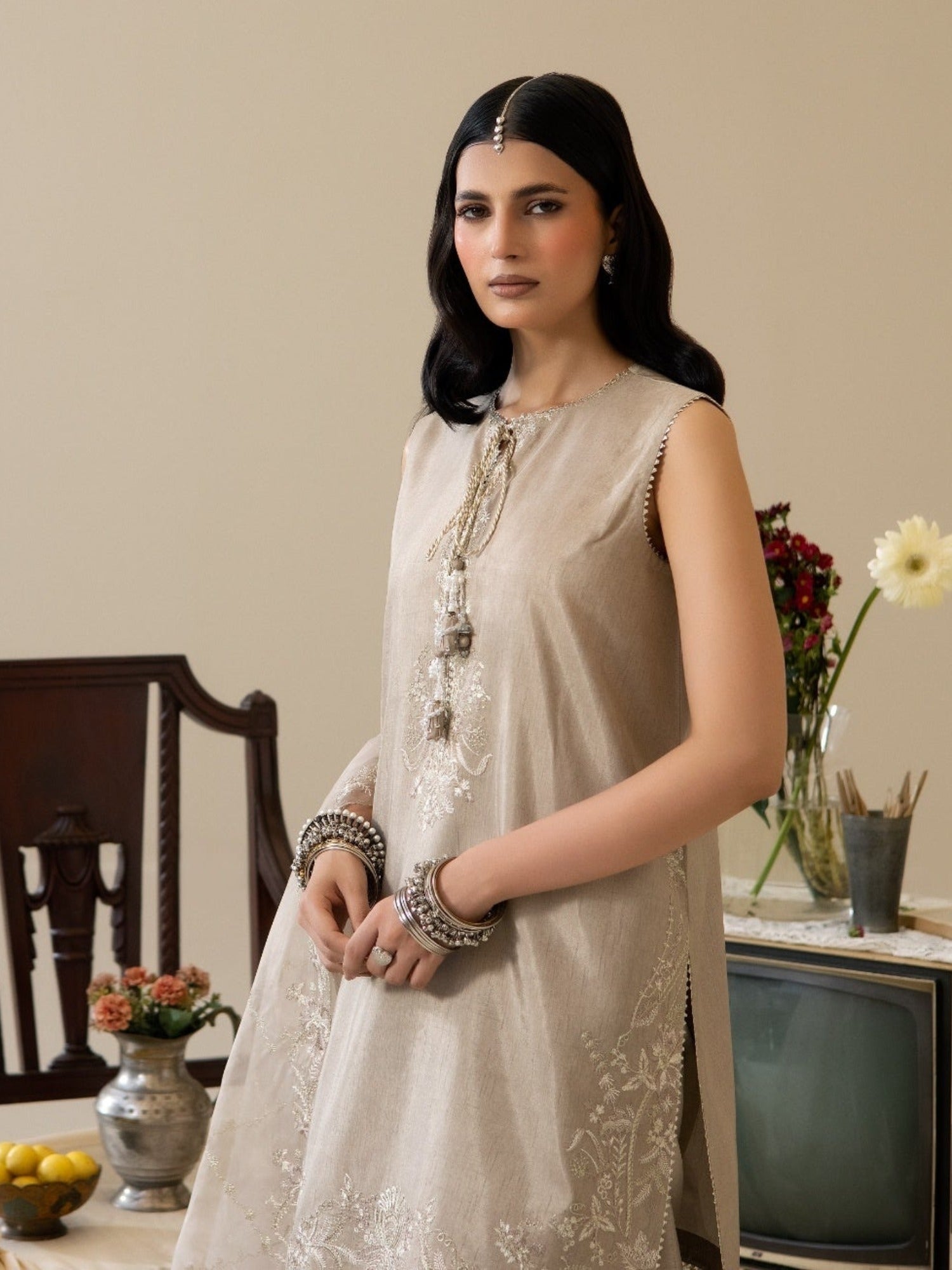 Beige Enzo Lune Des Fleurs Korean Raw Silk Embroidered Unstitched 3-Piece Suit-Izel