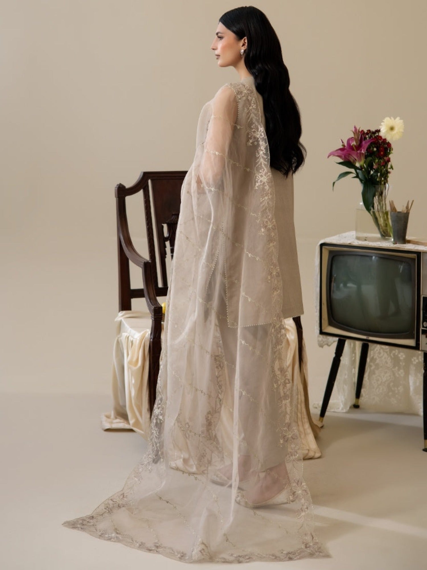 Beige Enzo Lune Des Fleurs Korean Raw Silk Embroidered Unstitched 3-Piece Suit-Izel