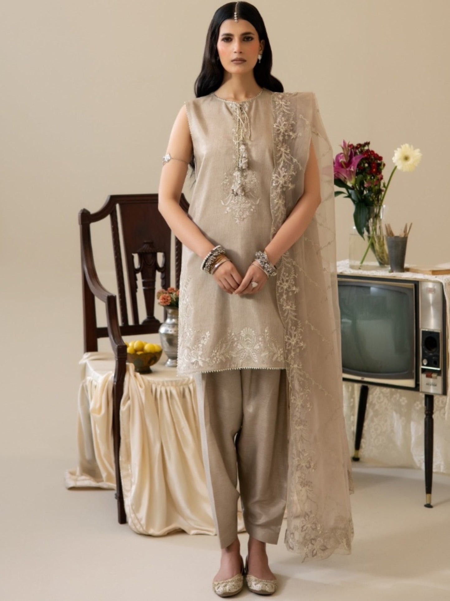 Beige Enzo Lune Des Fleurs Korean Raw Silk Embroidered Unstitched 3-Piece Suit-Izel