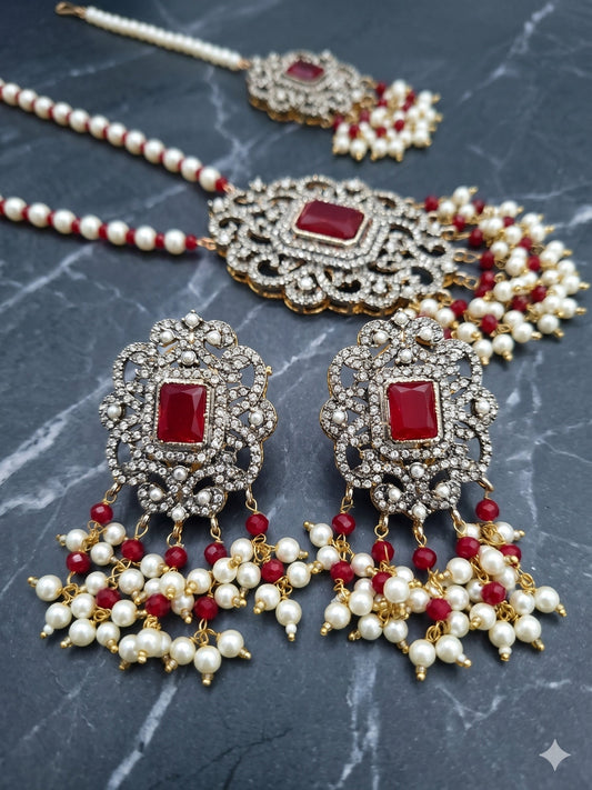 Orya Jewellery Red Pearl Maang Necklace Earrings Set-Ruby Red S14