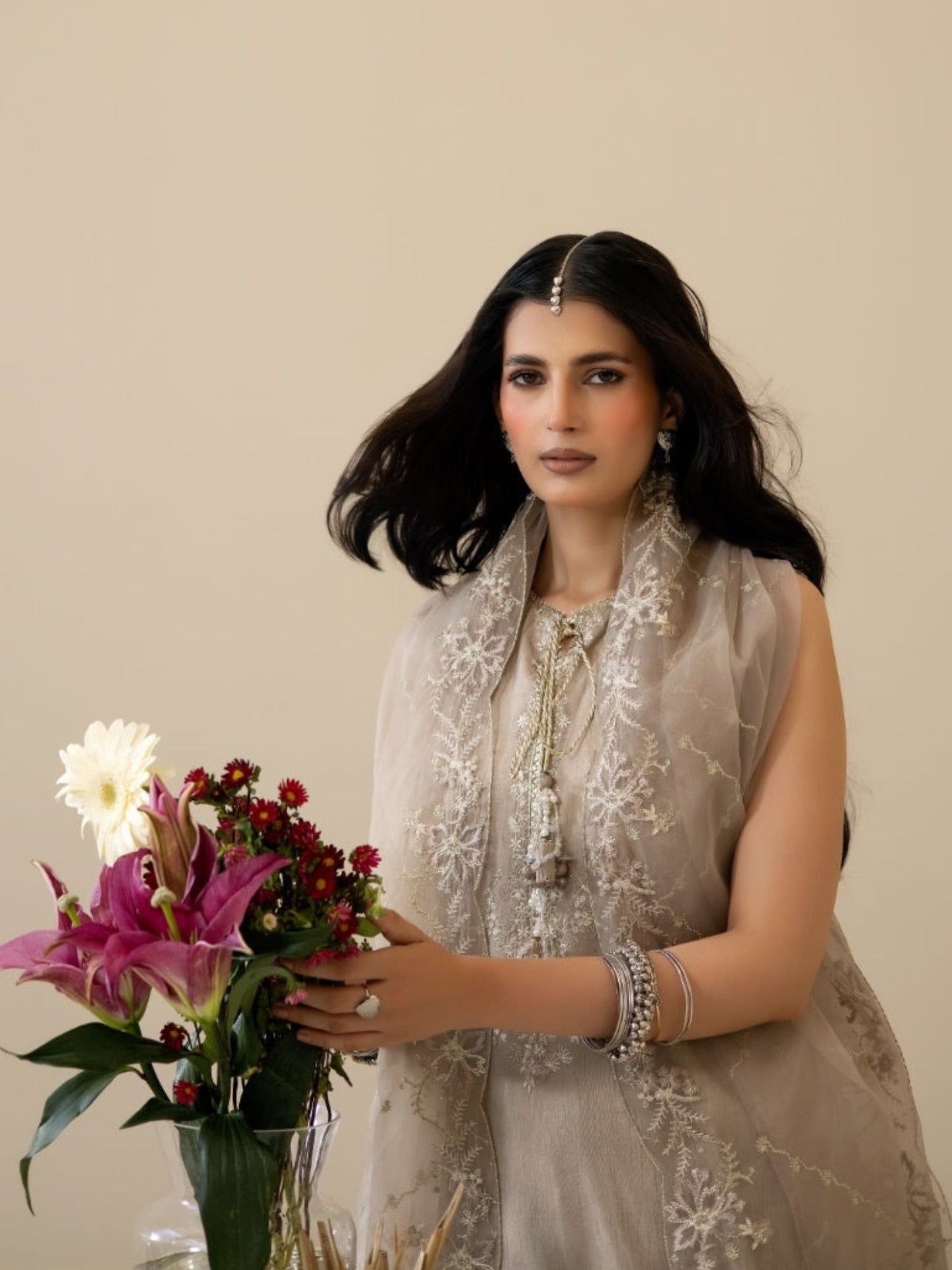 Beige Enzo Lune Des Fleurs Korean Raw Silk Embroidered Stitched 3-Piece Suit-Izel