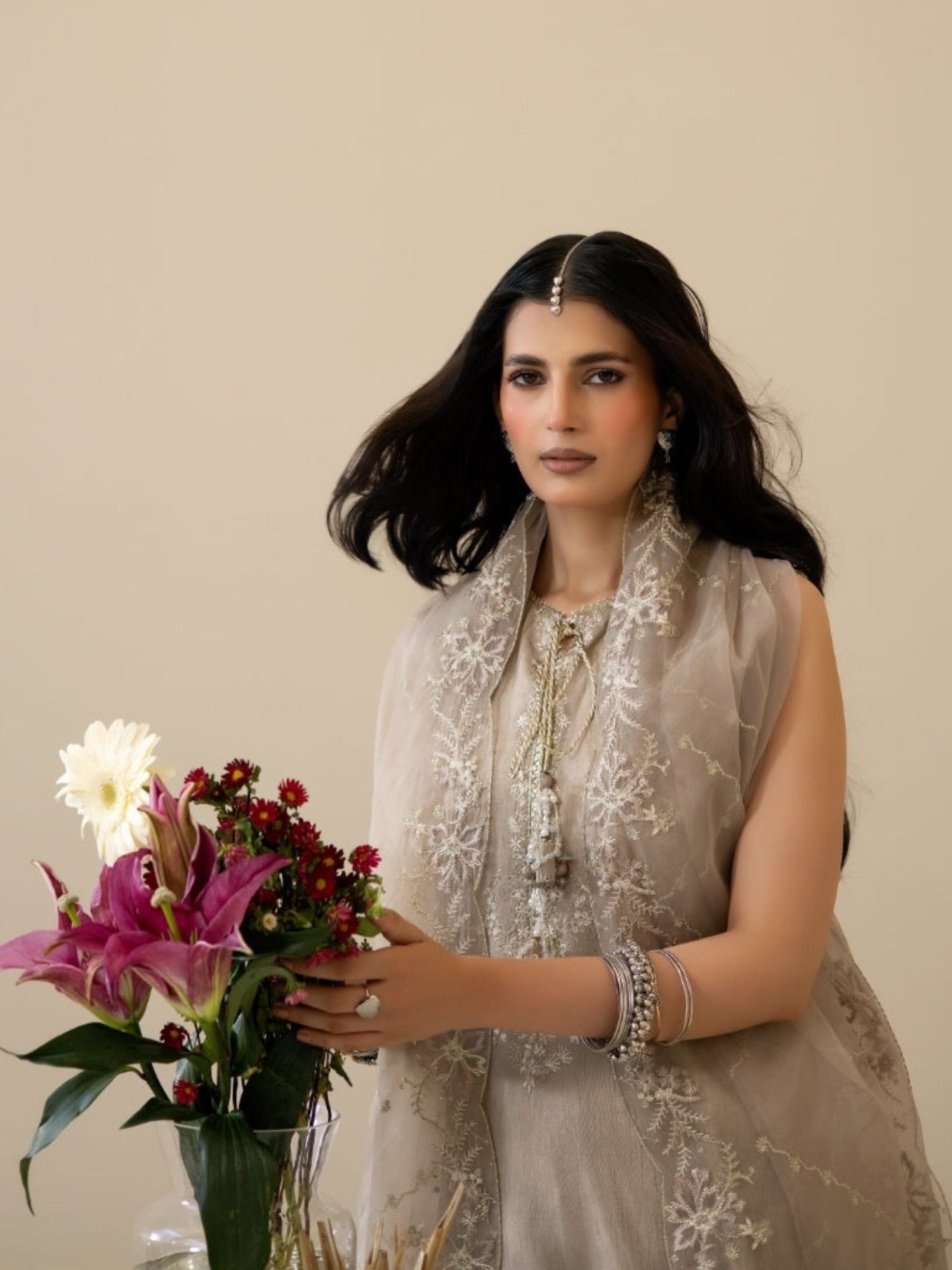 Beige Enzo Lune Des Fleurs Korean Raw Silk Embroidered Stitched 3-Piece Suit-Izel