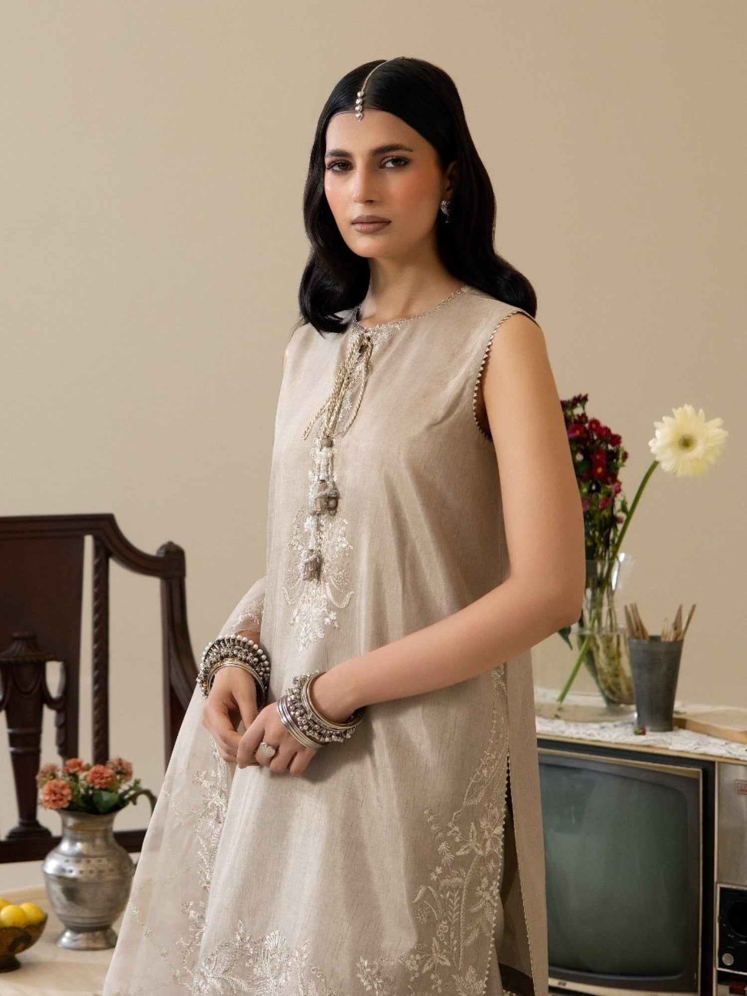 Beige Enzo Lune Des Fleurs Korean Raw Silk Embroidered Stitched 3-Piece Suit-Izel