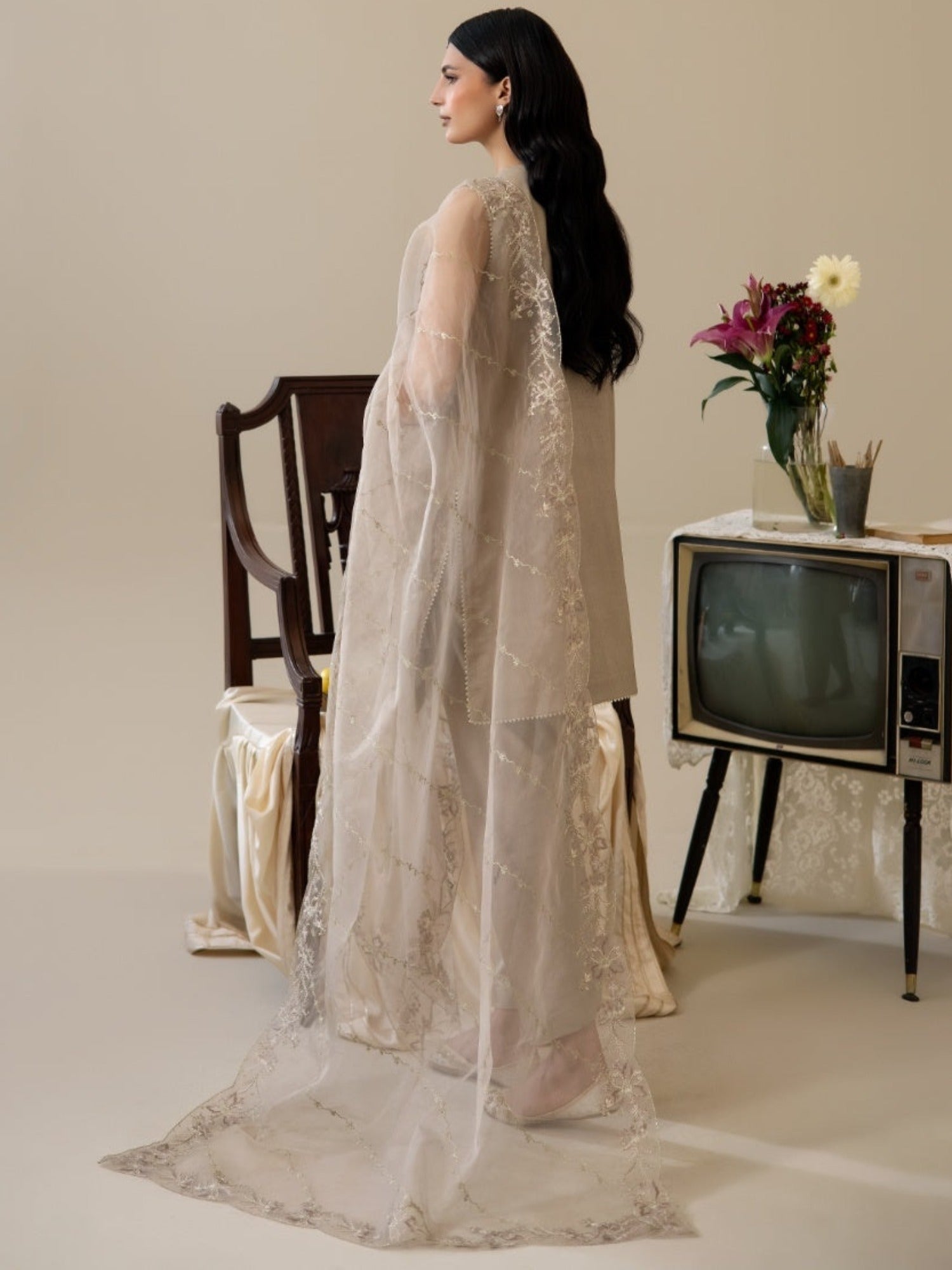 Beige Enzo Lune Des Fleurs Korean Raw Silk Embroidered Stitched 3-Piece Suit-Izel