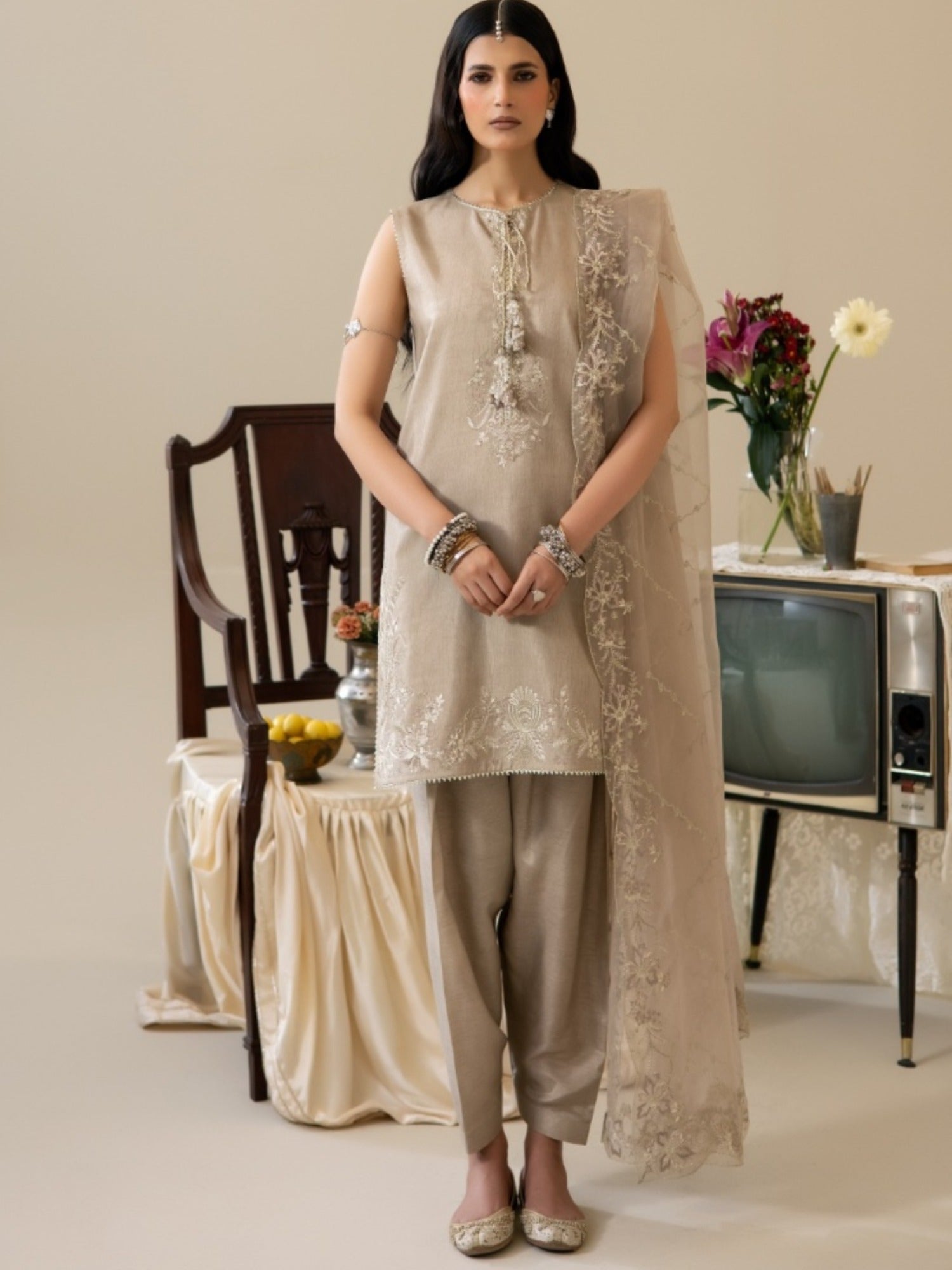 Beige Enzo Lune Des Fleurs Korean Raw Silk Embroidered Stitched 3-Piece Suit-Izel