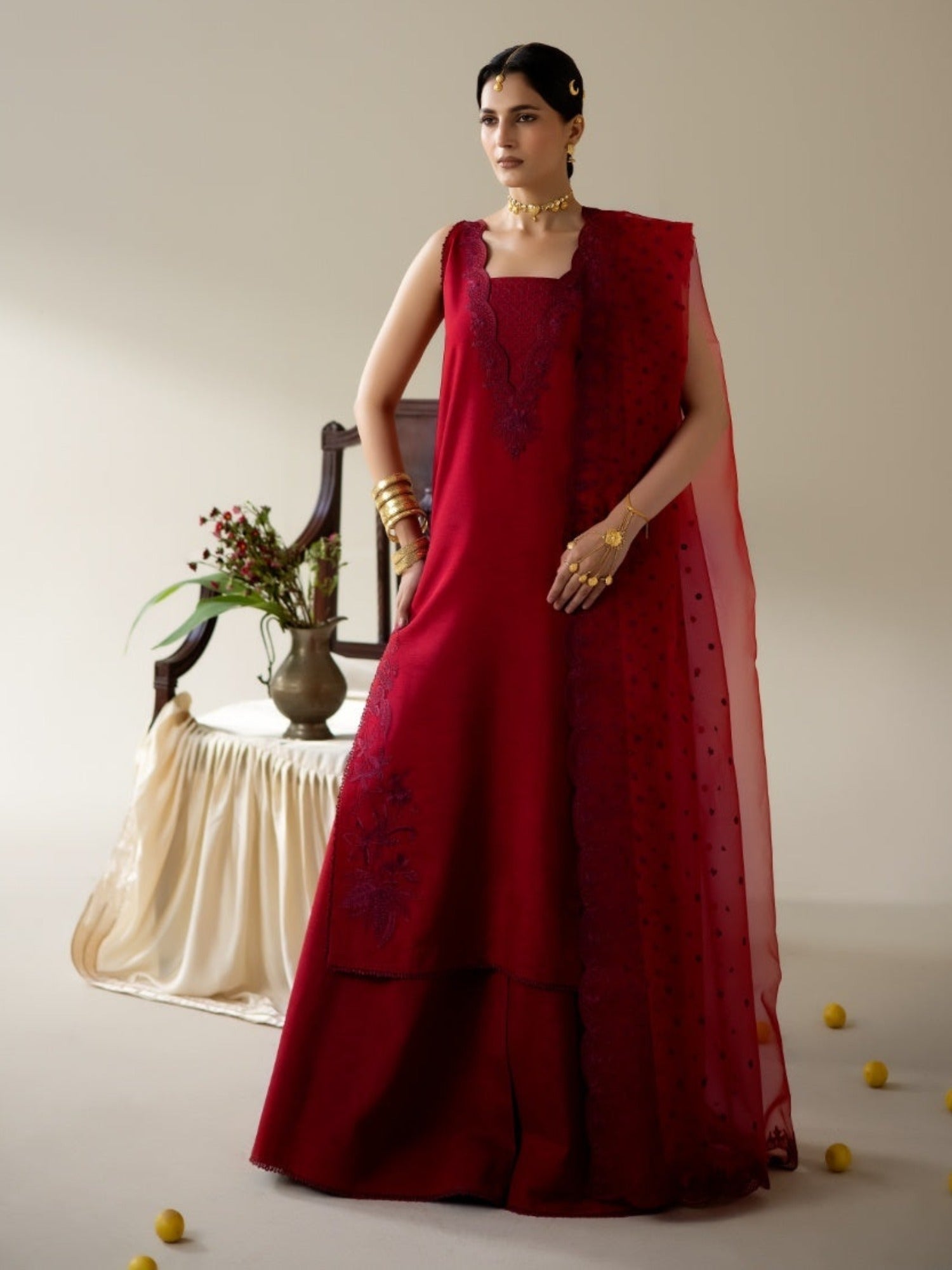 Red Enzo Lune Des Fleurs Korean Raw Silk Embroidered Stitched 3-Piece Suit-Ines