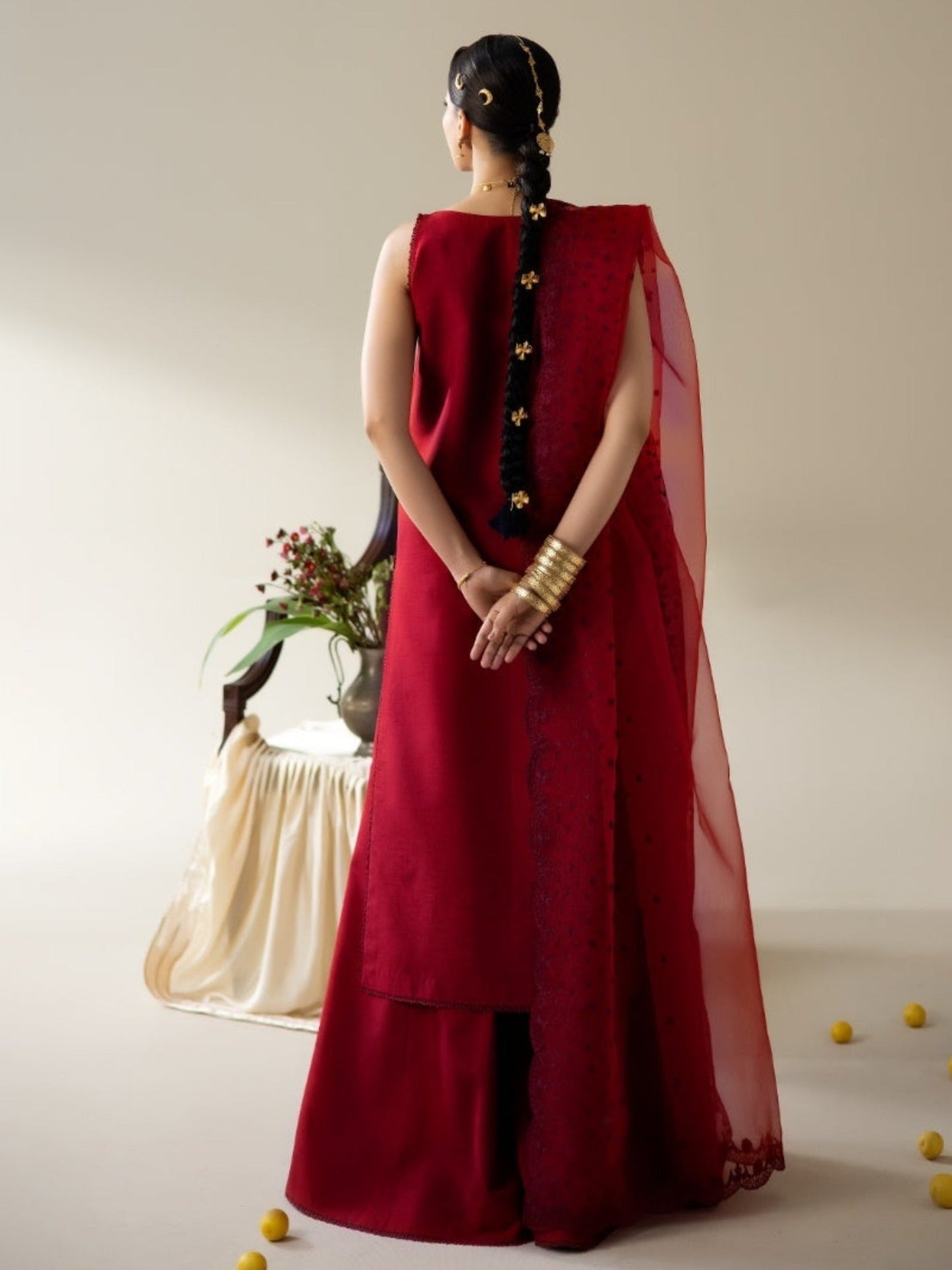 Red Enzo Lune Des Fleurs Korean Raw Silk Embroidered Stitched 3-Piece Suit-Ines