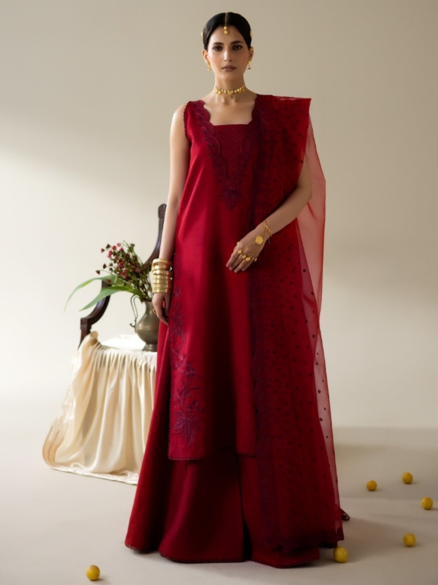 Red Enzo Lune Des Fleurs Korean Raw Silk Embroidered Stitched 3-Piece Suit-Ines