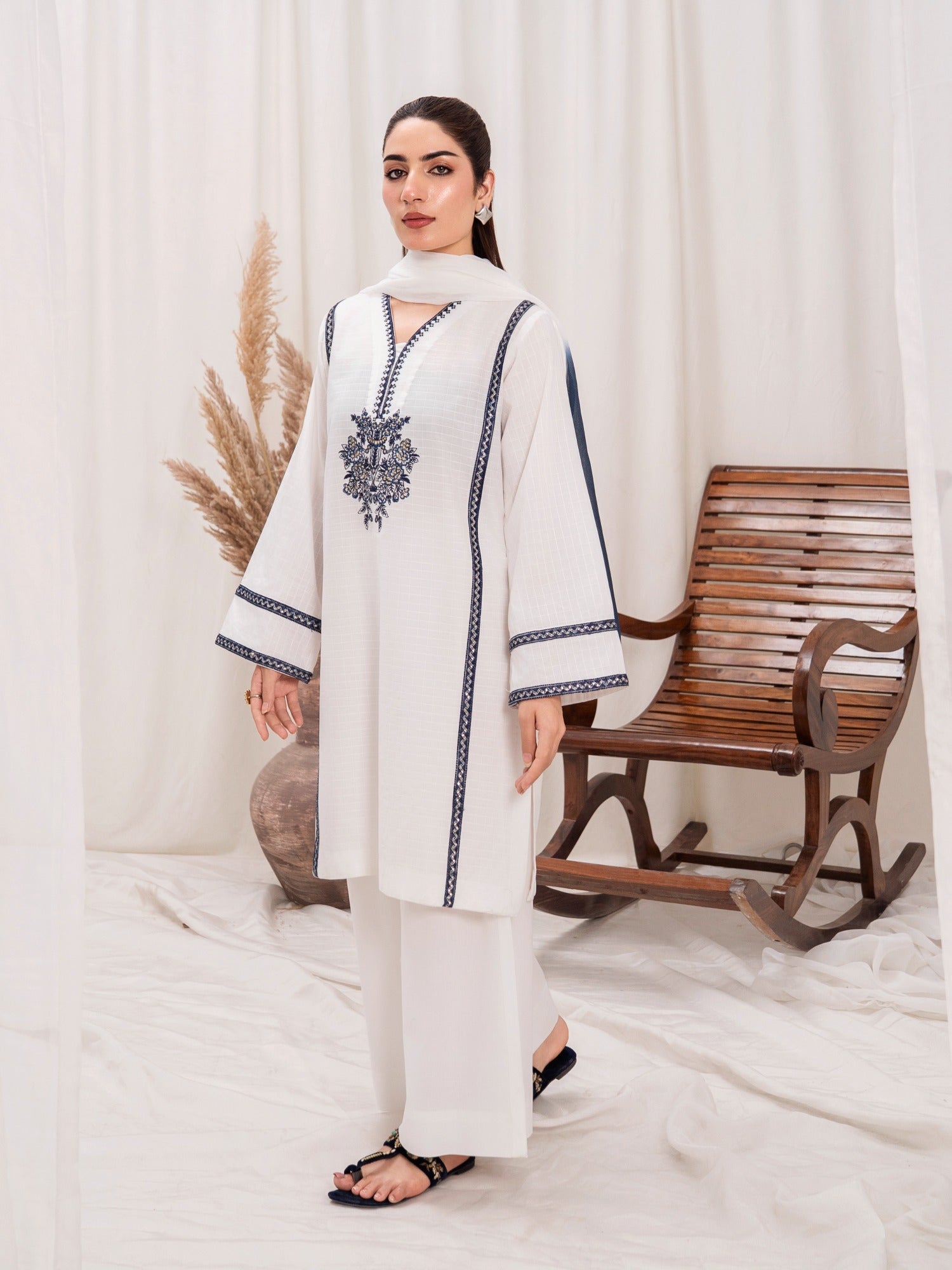 White-HEM Lawn cotton Embroidered Stitched 3-Piece Suit-Snowflake