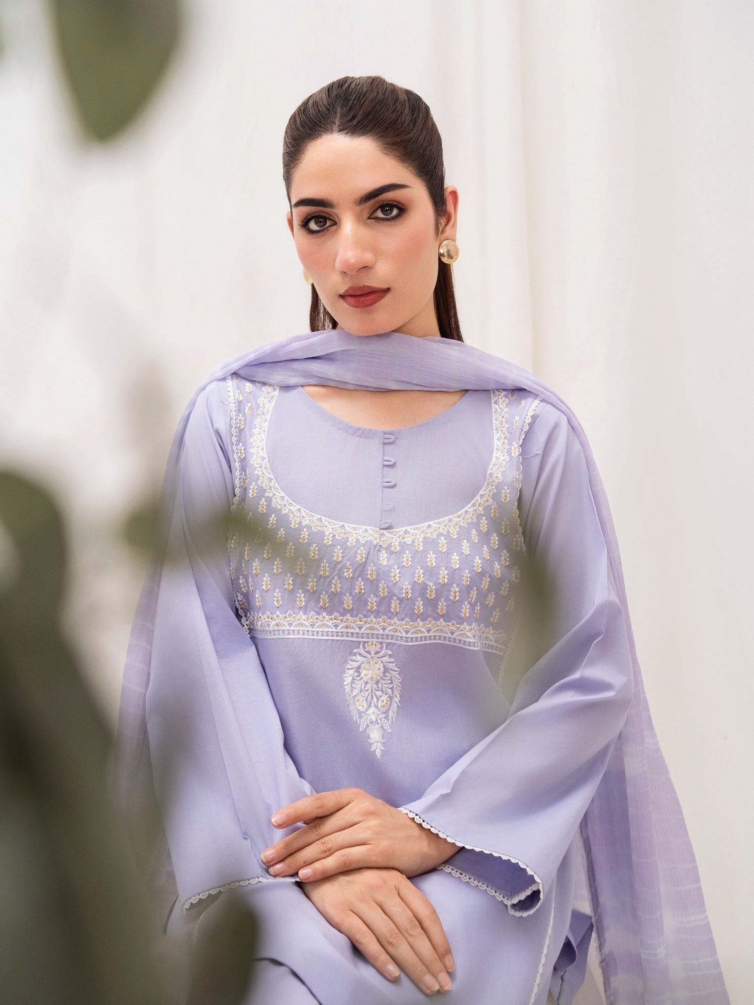 Lilac-HEM Lawn Cotton Embroidered Stitched 3-Piece Suit-Butter Fly Blush