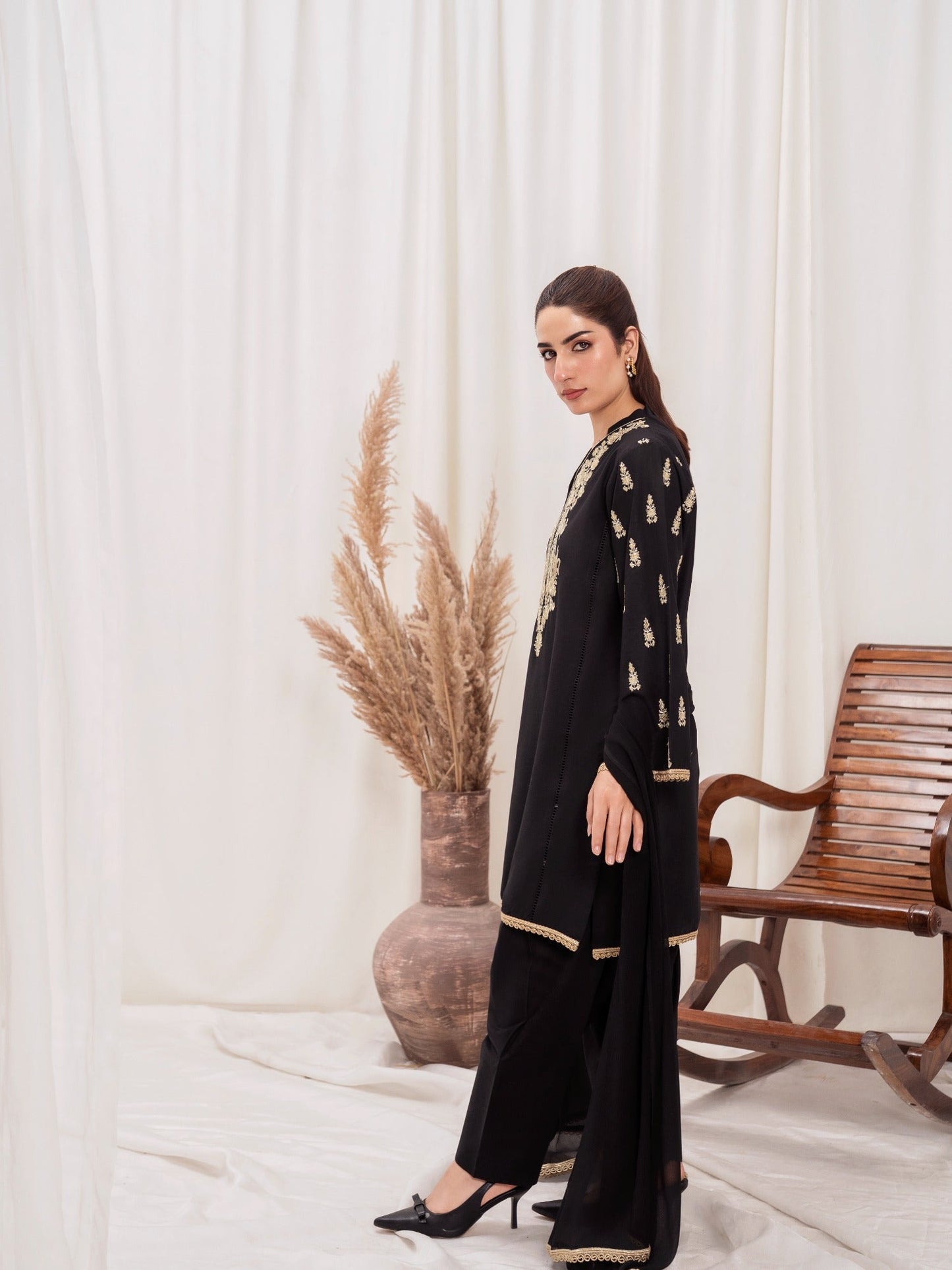 Black HEM Lawn Cotton Embroidered Stitched 3-Piece Suit- Star Gold